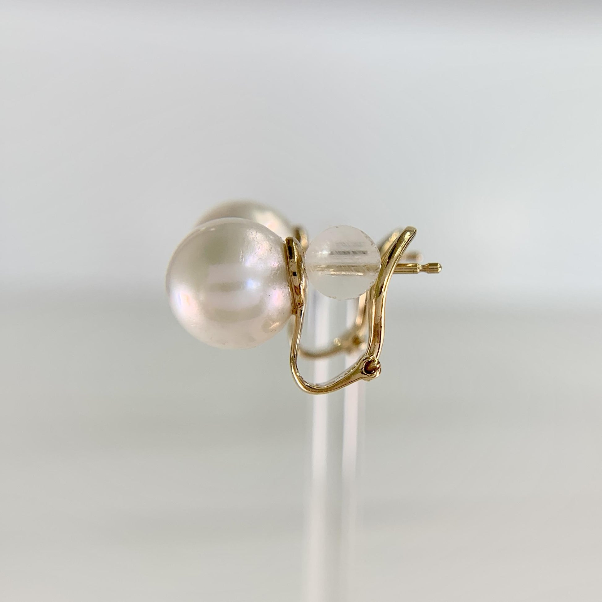 9mm White Akoya Cultured Pearl Omega Back Earrings 14k Yellow Gold