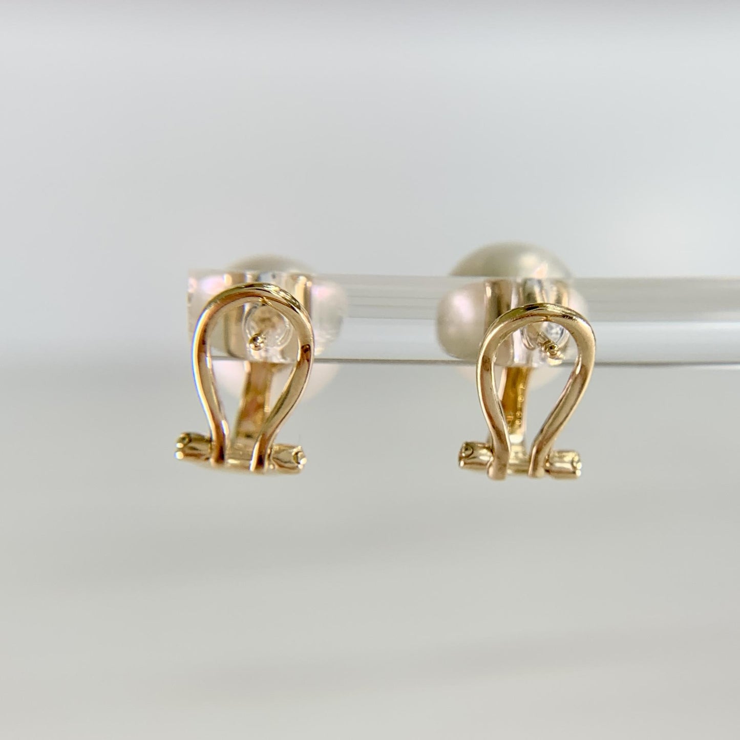 9mm White Akoya Cultured Pearl Omega Back Earrings 14k Yellow Gold