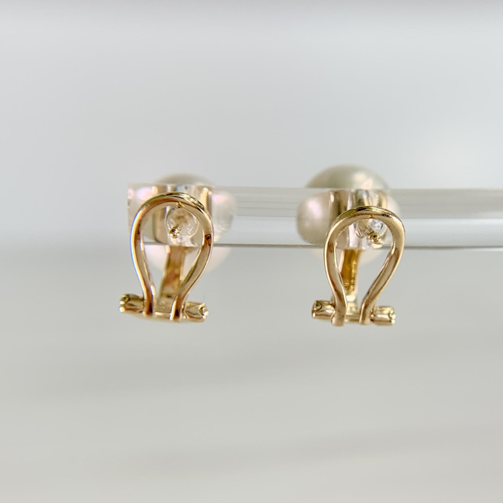 9mm White Akoya Cultured Pearl Omega Back Earrings 14k Yellow Gold