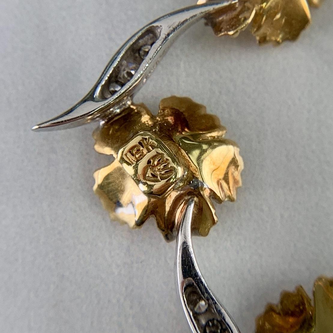 Vintage Floral Diamond Brooch 18k Two Tone Gold