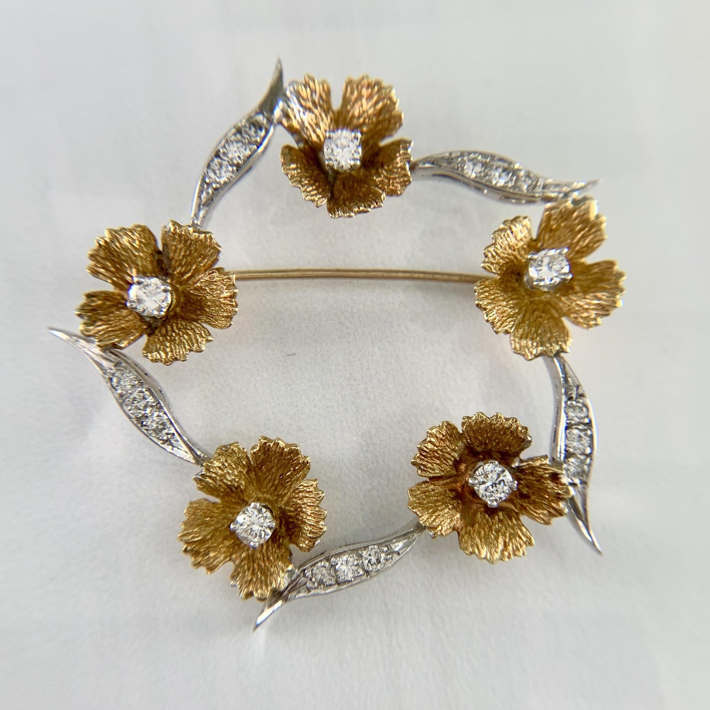 Vintage Floral Diamond Brooch 18k Two Tone Gold
