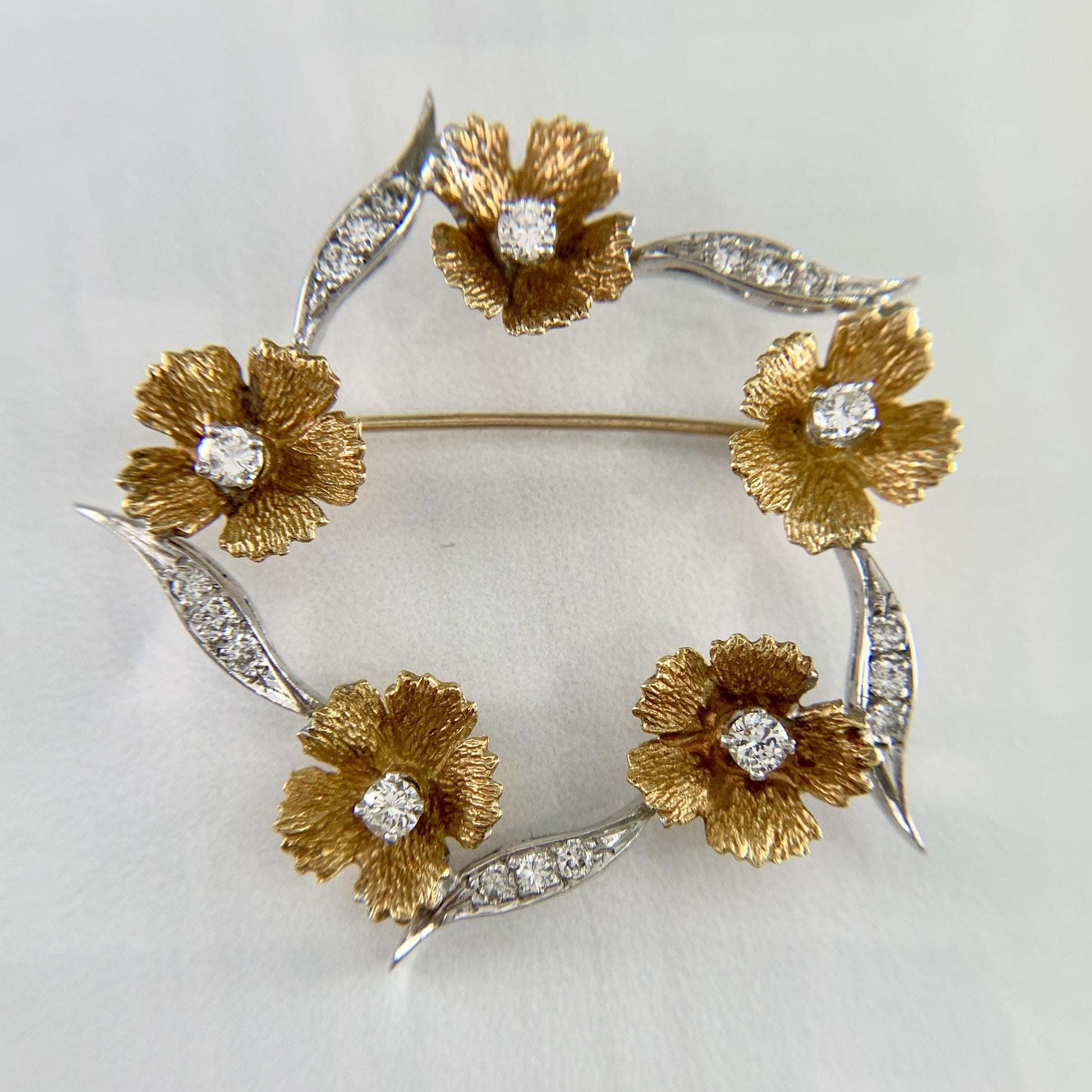 Vintage Floral Diamond Brooch 18k Two Tone Gold