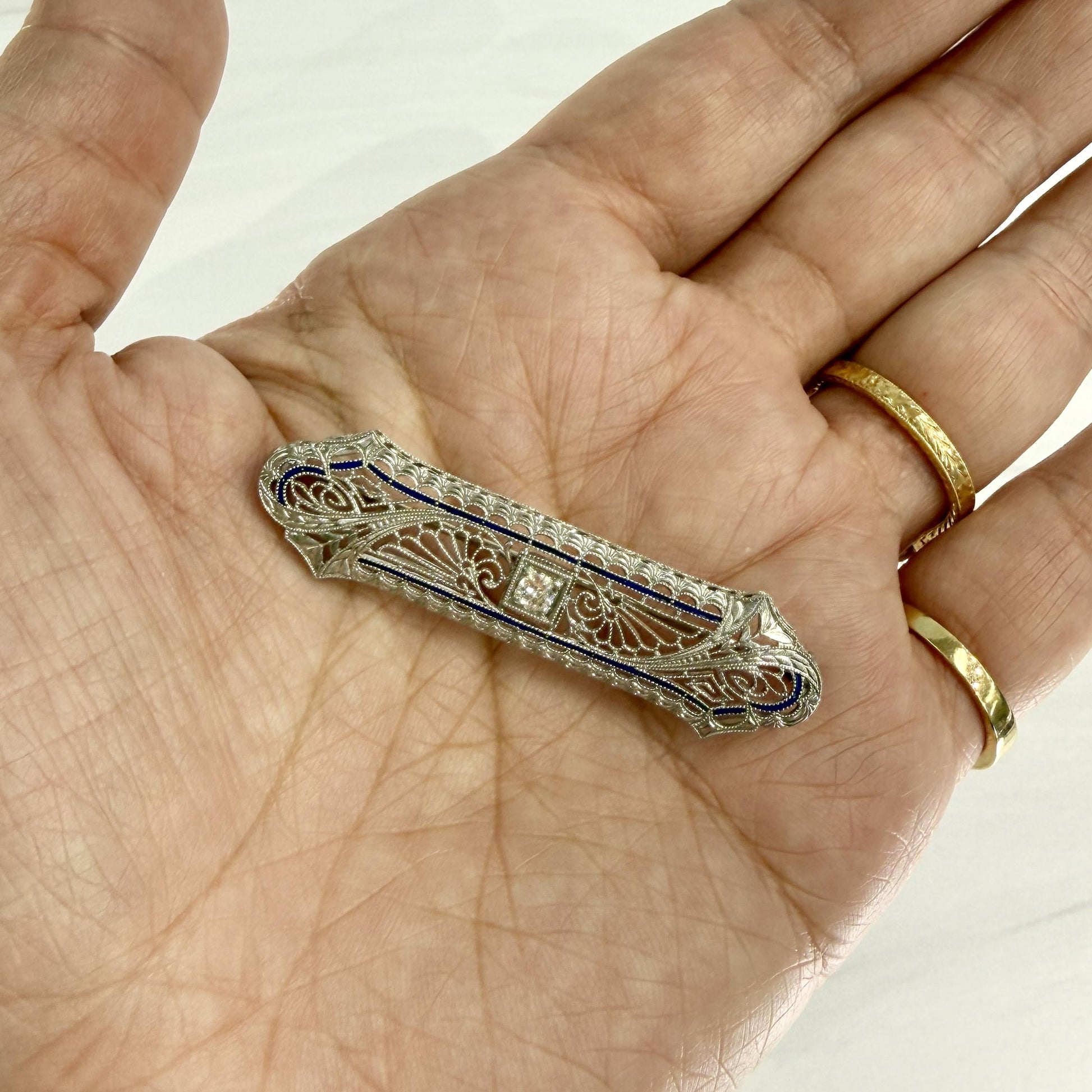 1925 Antique Art Deco Filigree Old European Cut Diamond Brooch 14k White Gold