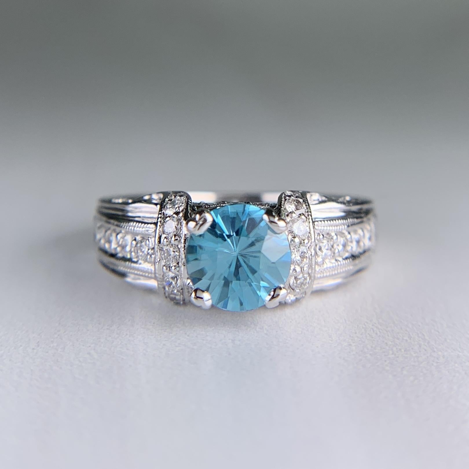Blue Zircon and Diamond Ring 18k White Gold