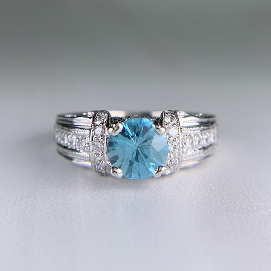 Blue Zircon and Diamond Ring 18k White Gold