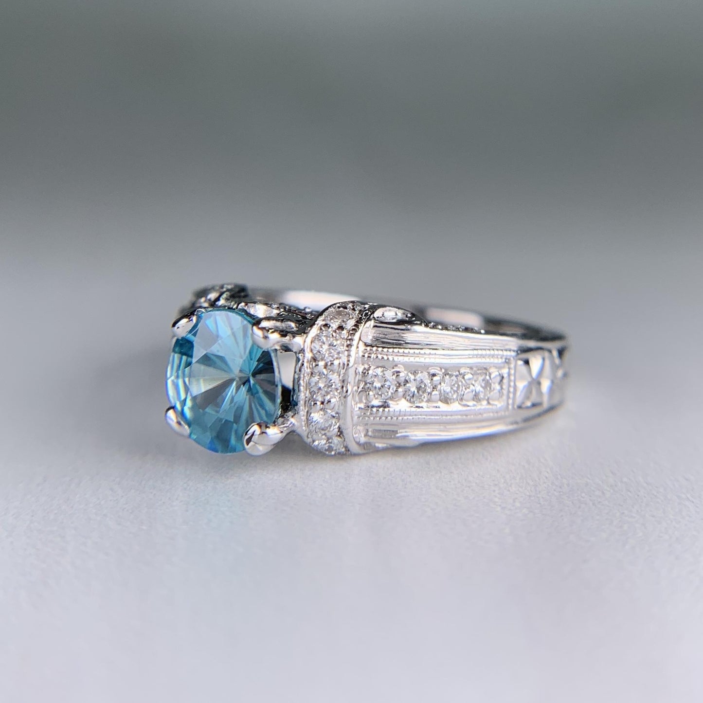 Blue Zircon and Diamond Ring 18k White Gold