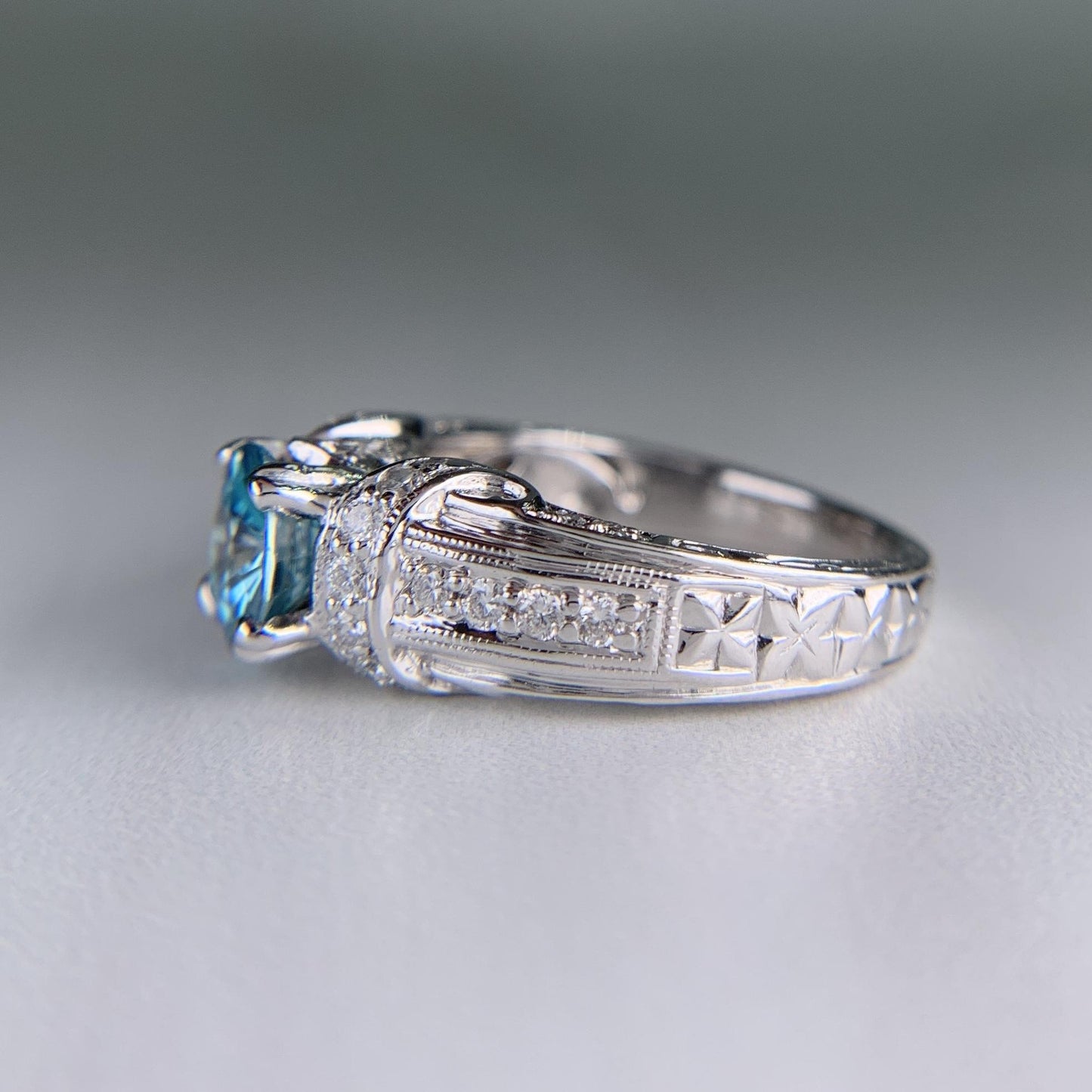 Blue Zircon and Diamond Ring 18k White Gold
