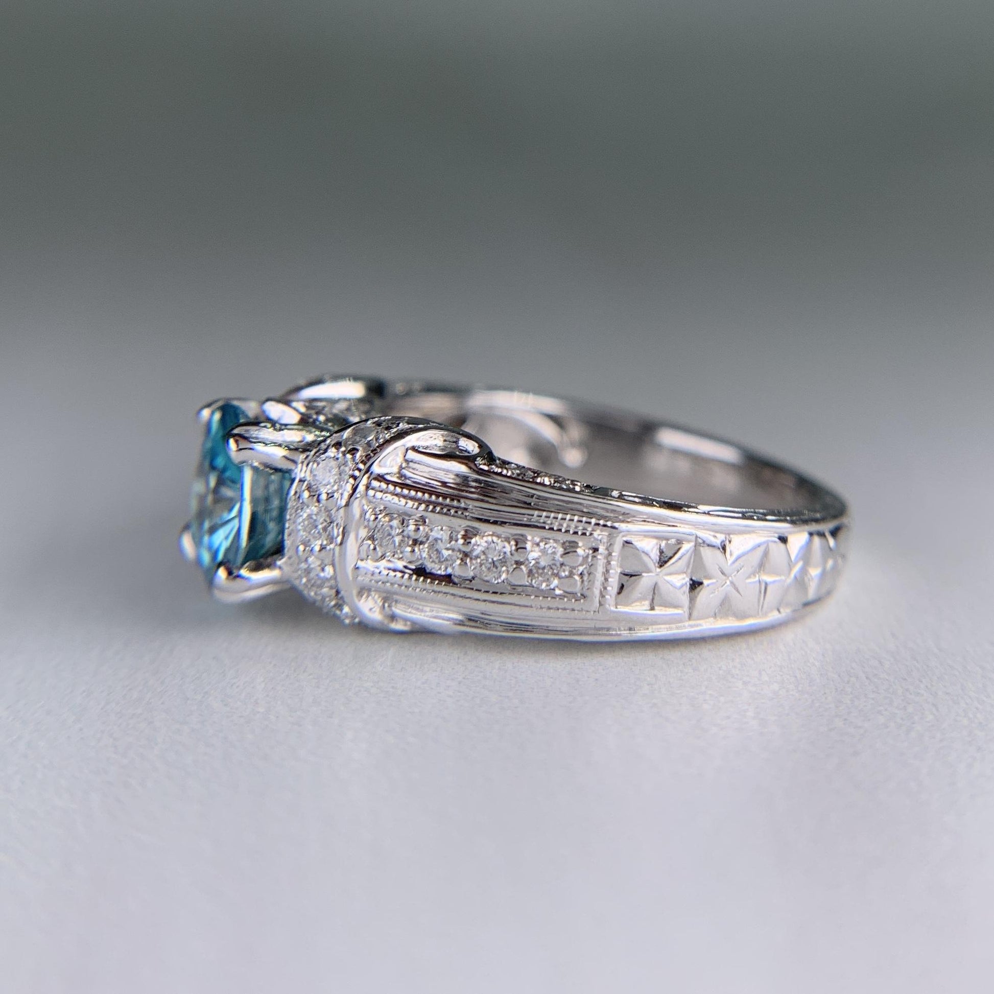 Blue Zircon and Diamond Ring 18k White Gold