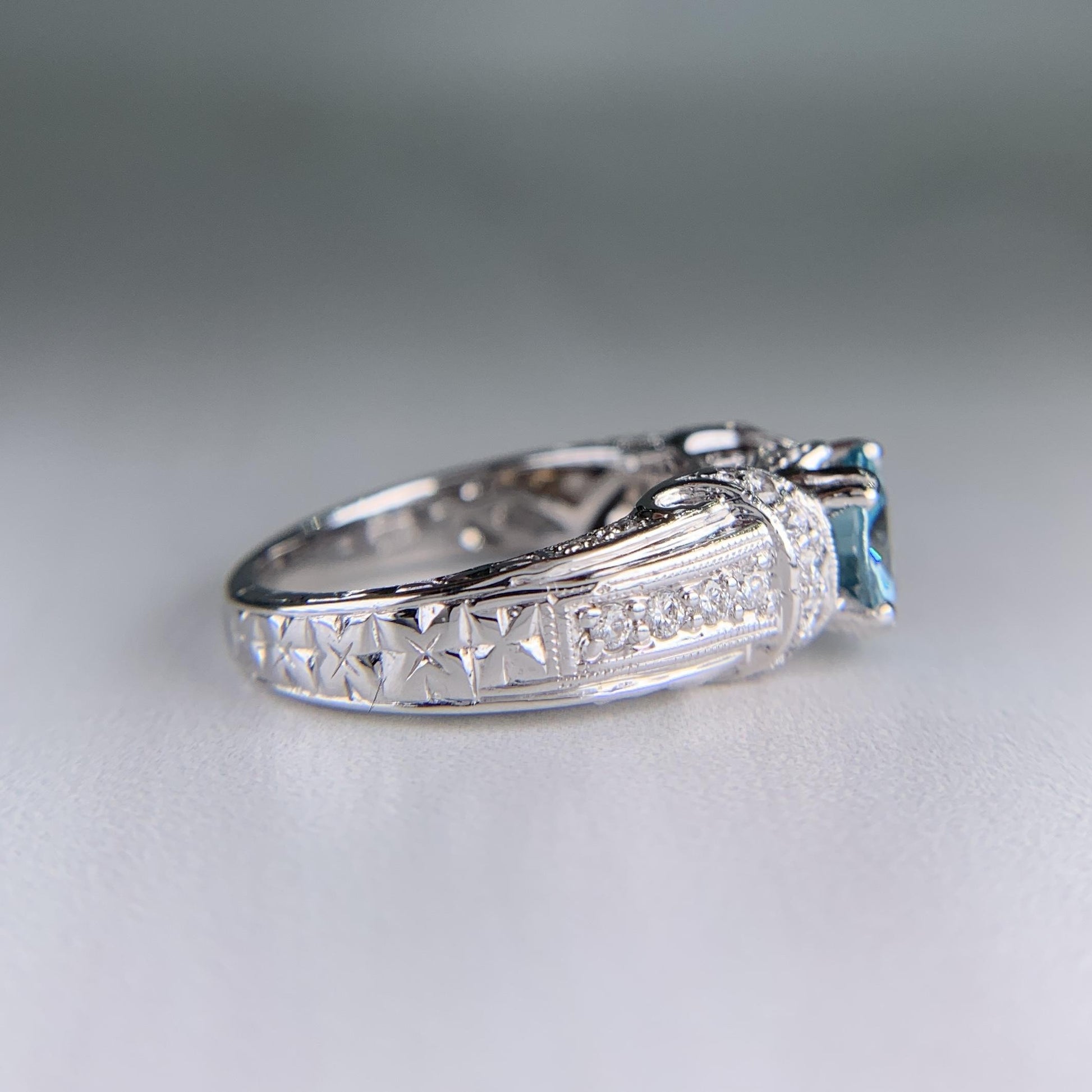 Blue Zircon and Diamond Ring 18k White Gold