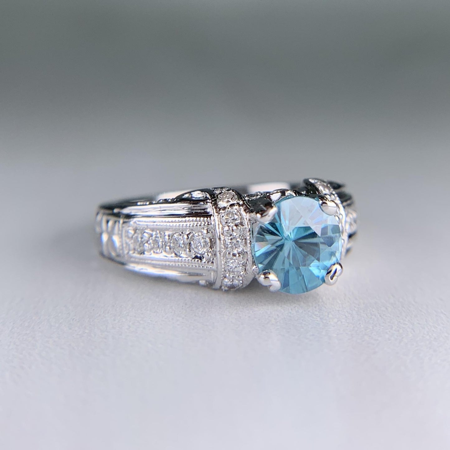 Blue Zircon and Diamond Ring 18k White Gold