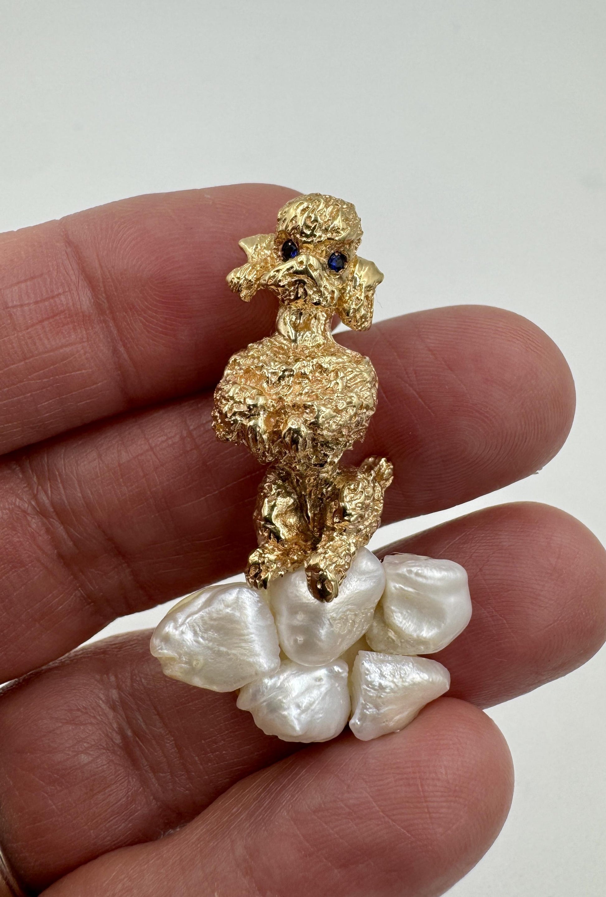 Ruser 14k Gold Poodle Fresh Water Sapphire Eyes Brooch Pin