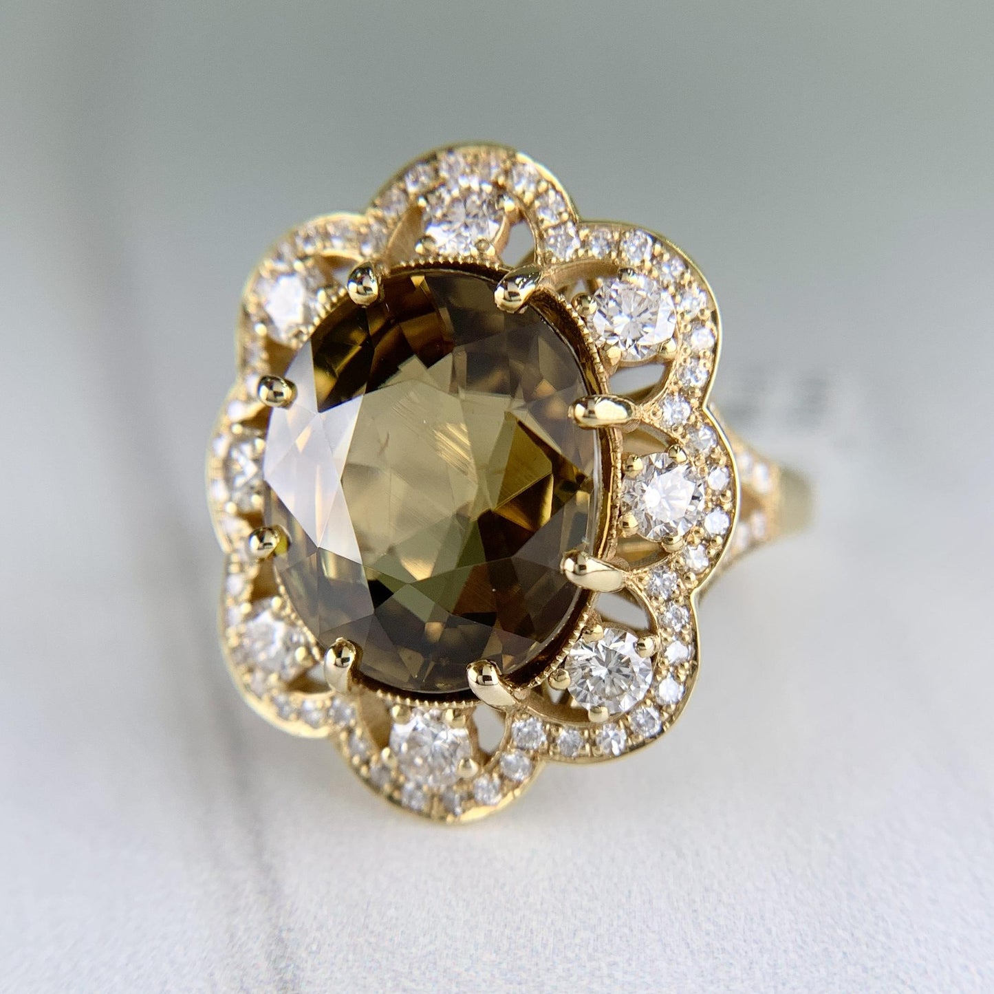 Zircon and Diamond Halo Ring 14k Yellow Gold