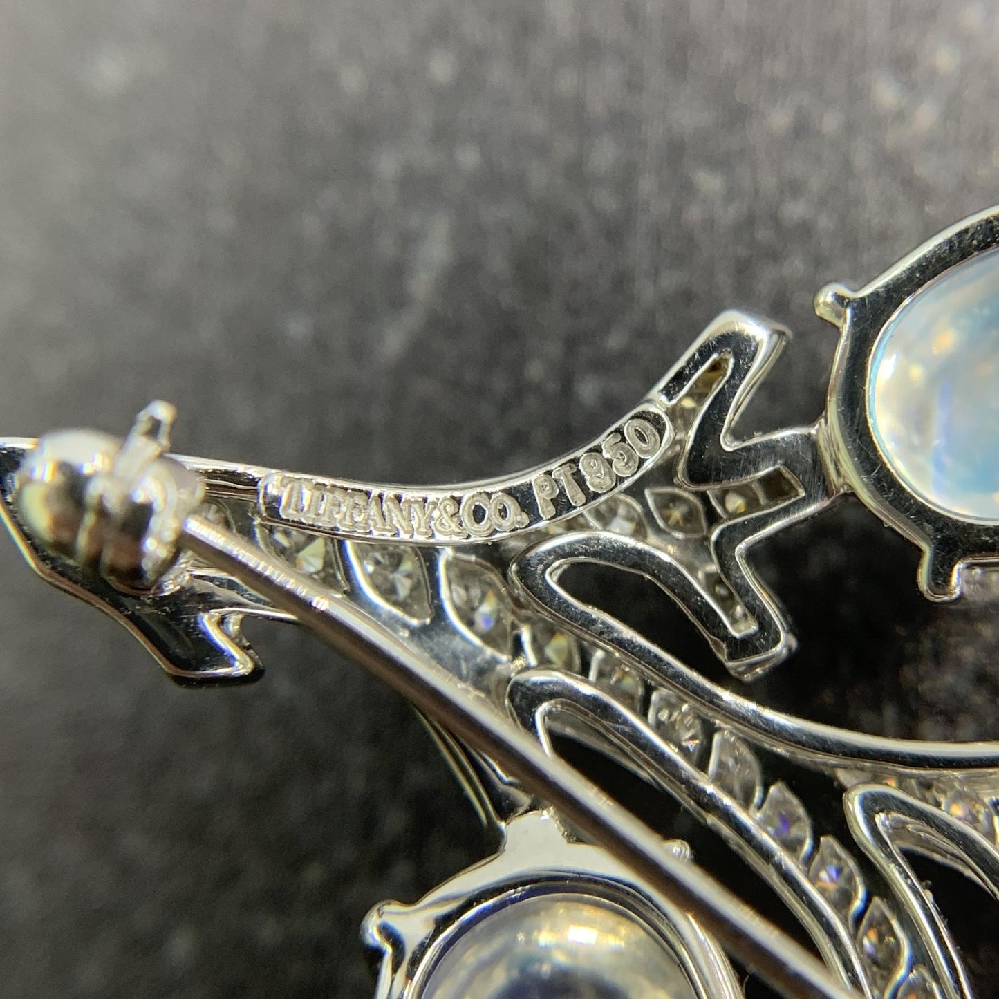 Vintage 1990's Tiffany & Co. Moonstone and Diamond Brooch Platinum