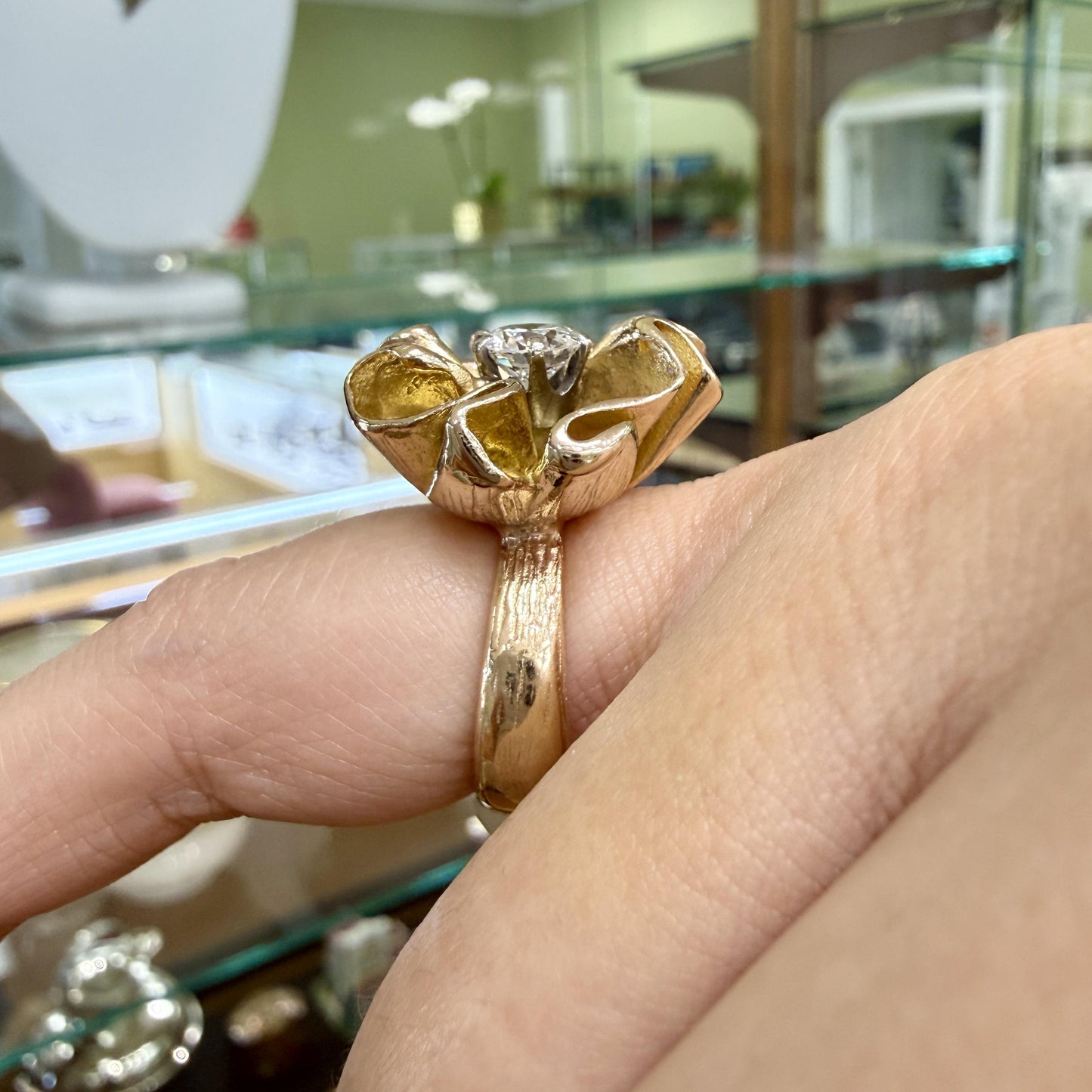 Vintage 1960's Transitional Cut Diamond Floral Statement Ring 14k Yellow Gold