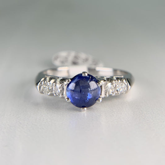 Platinum Diamond and Sapphire Cabochon Mid Century Ring