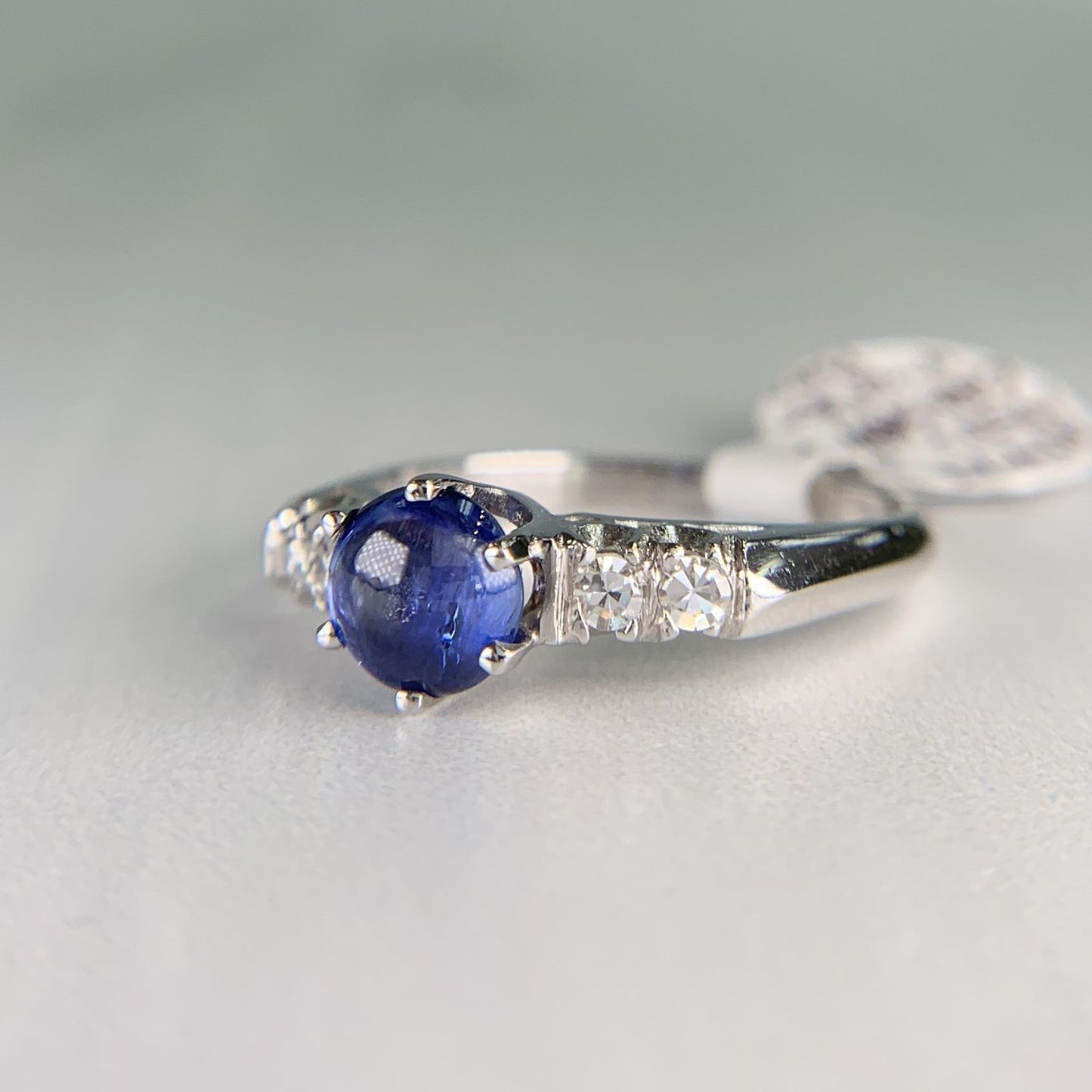 Platinum Diamond and Sapphire Cabochon Mid Century Ring