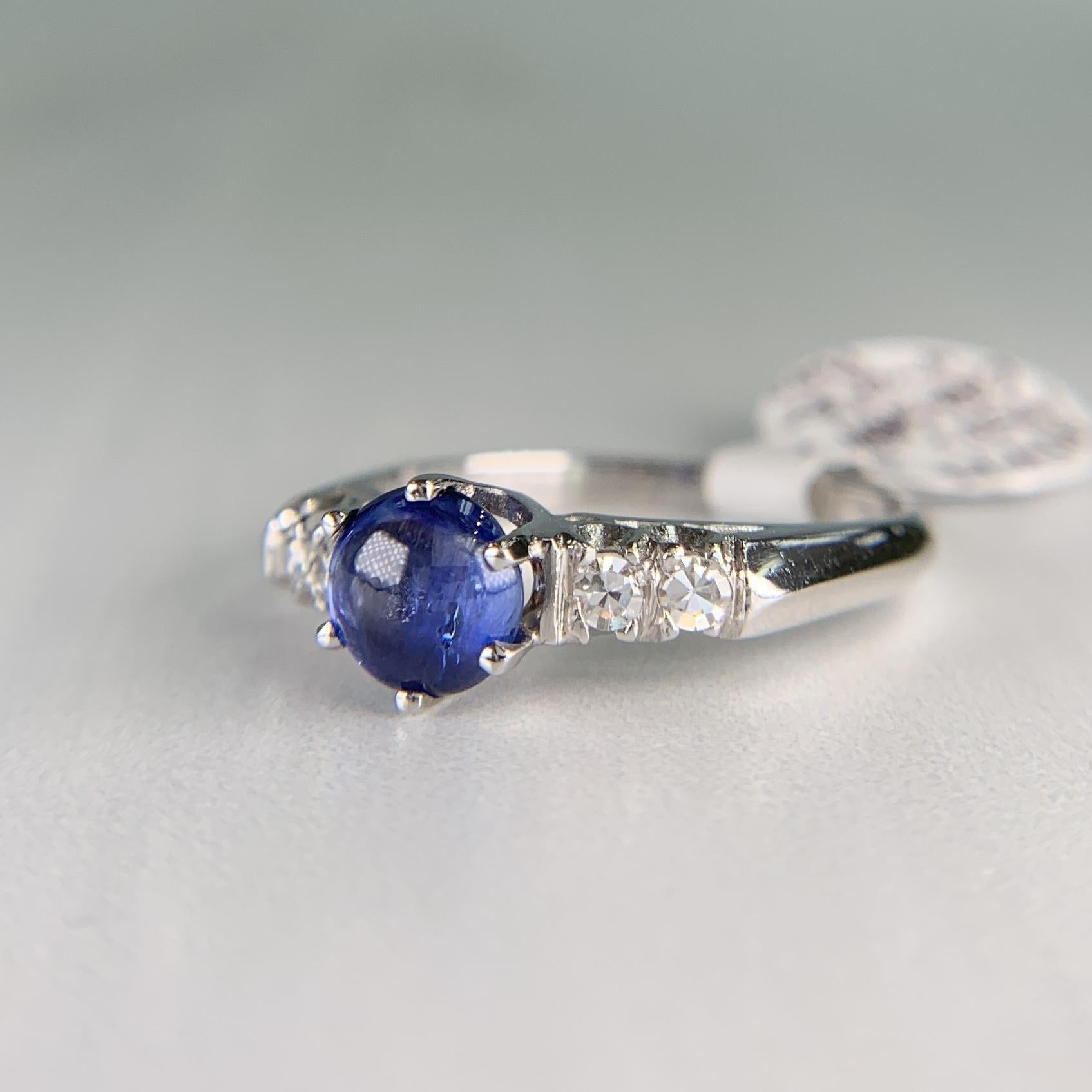Platinum Diamond and Sapphire Cabochon Mid Century Ring