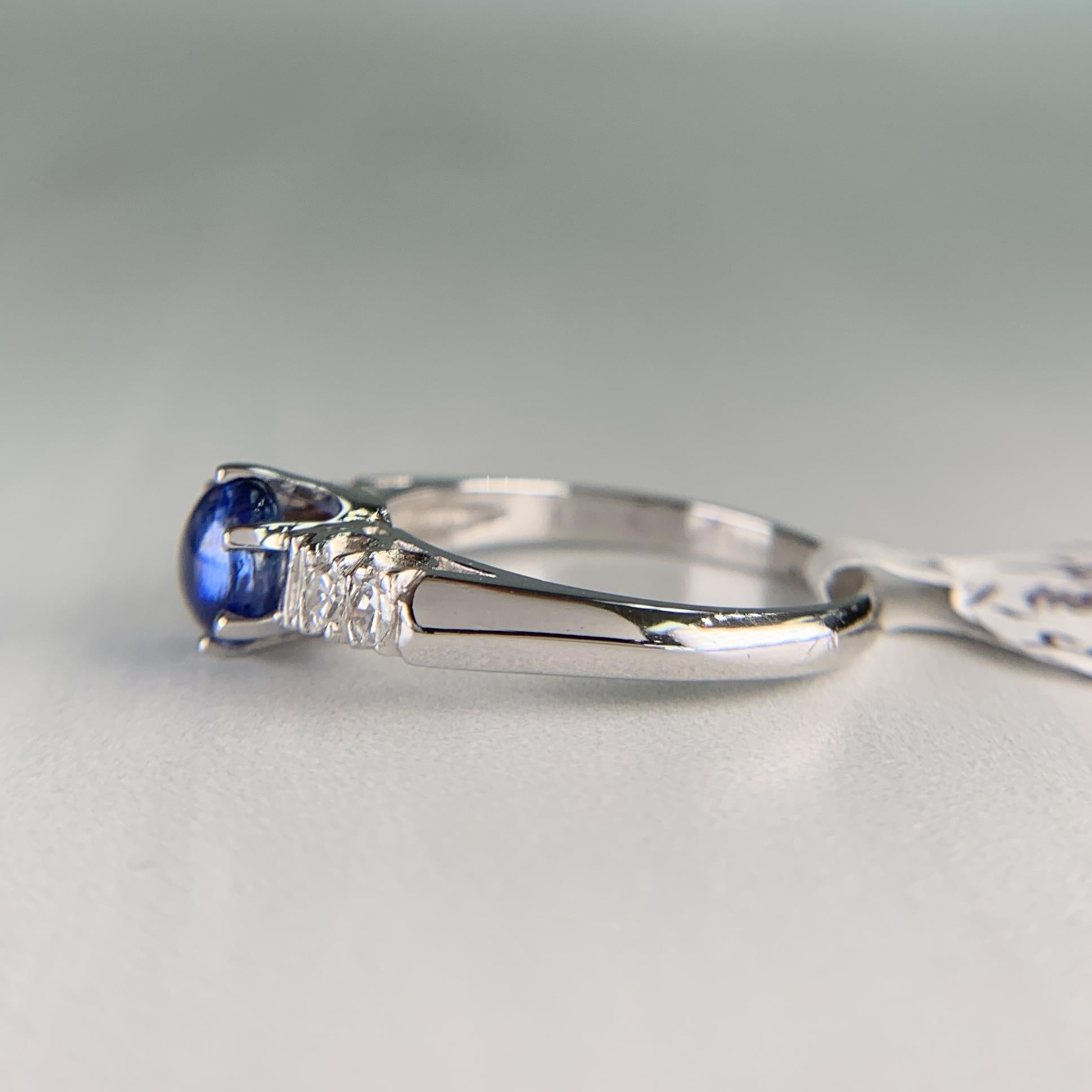 Platinum Diamond and Sapphire Cabochon Mid Century Ring