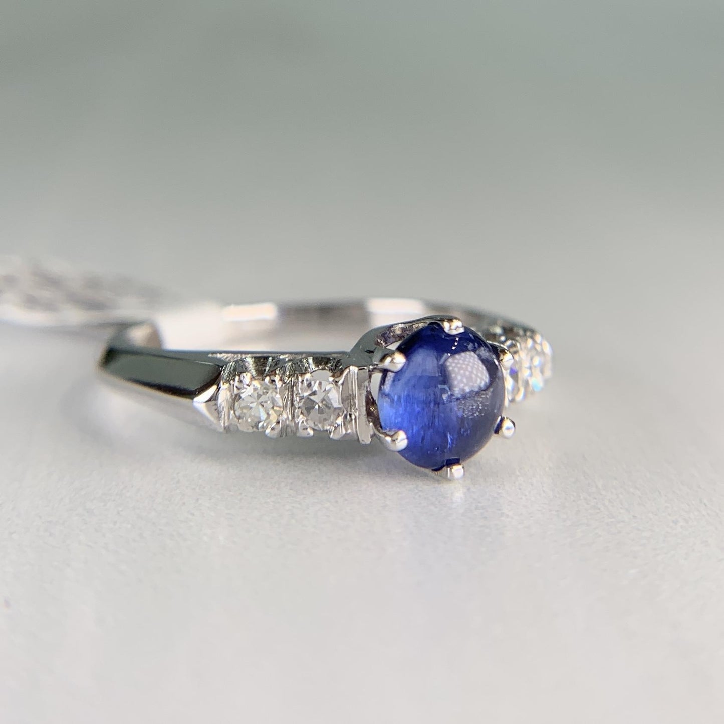 Platinum Diamond and Sapphire Cabochon Mid Century Ring