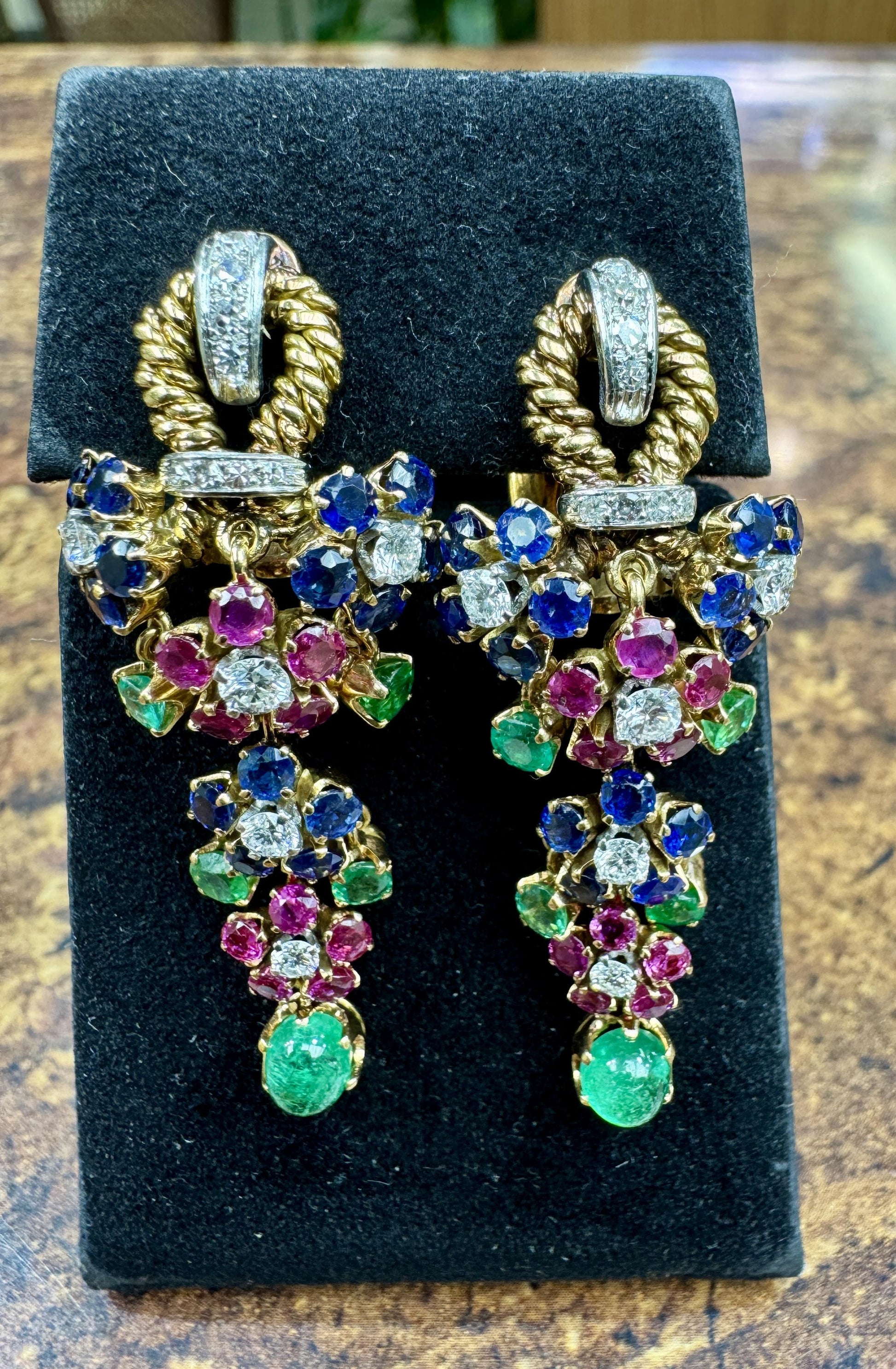 Estate Sapphire Ruby Emerald Diamond Dangle Drop Earrings