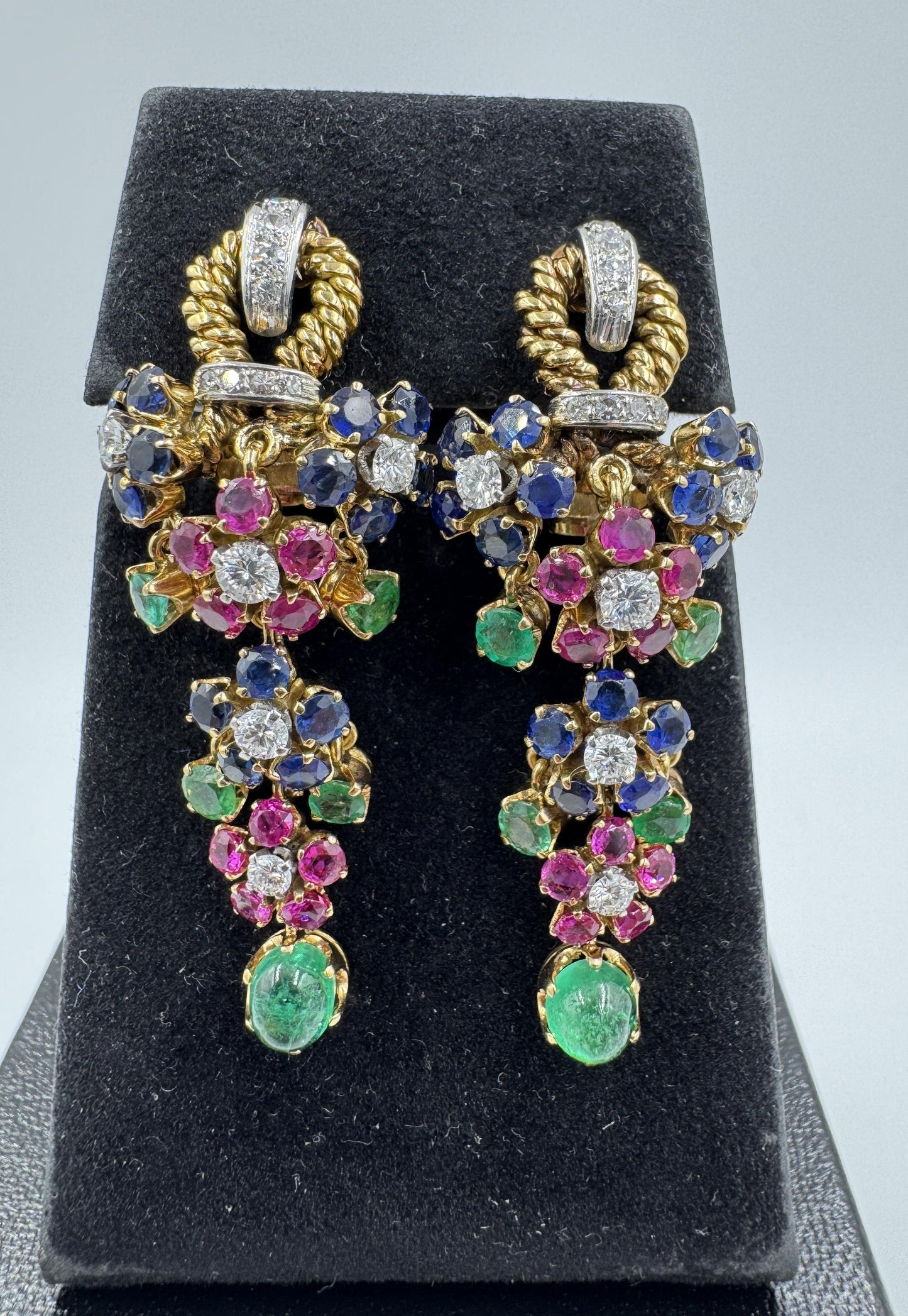 Estate Sapphire Ruby Emerald Diamond Dangle Drop Earrings