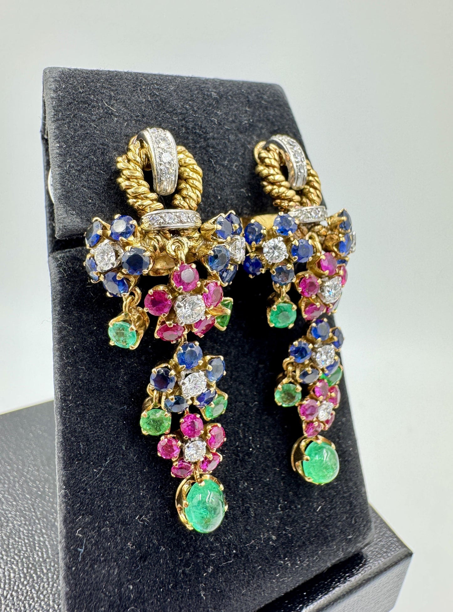 Estate Sapphire Ruby Emerald Diamond Dangle Drop Earrings