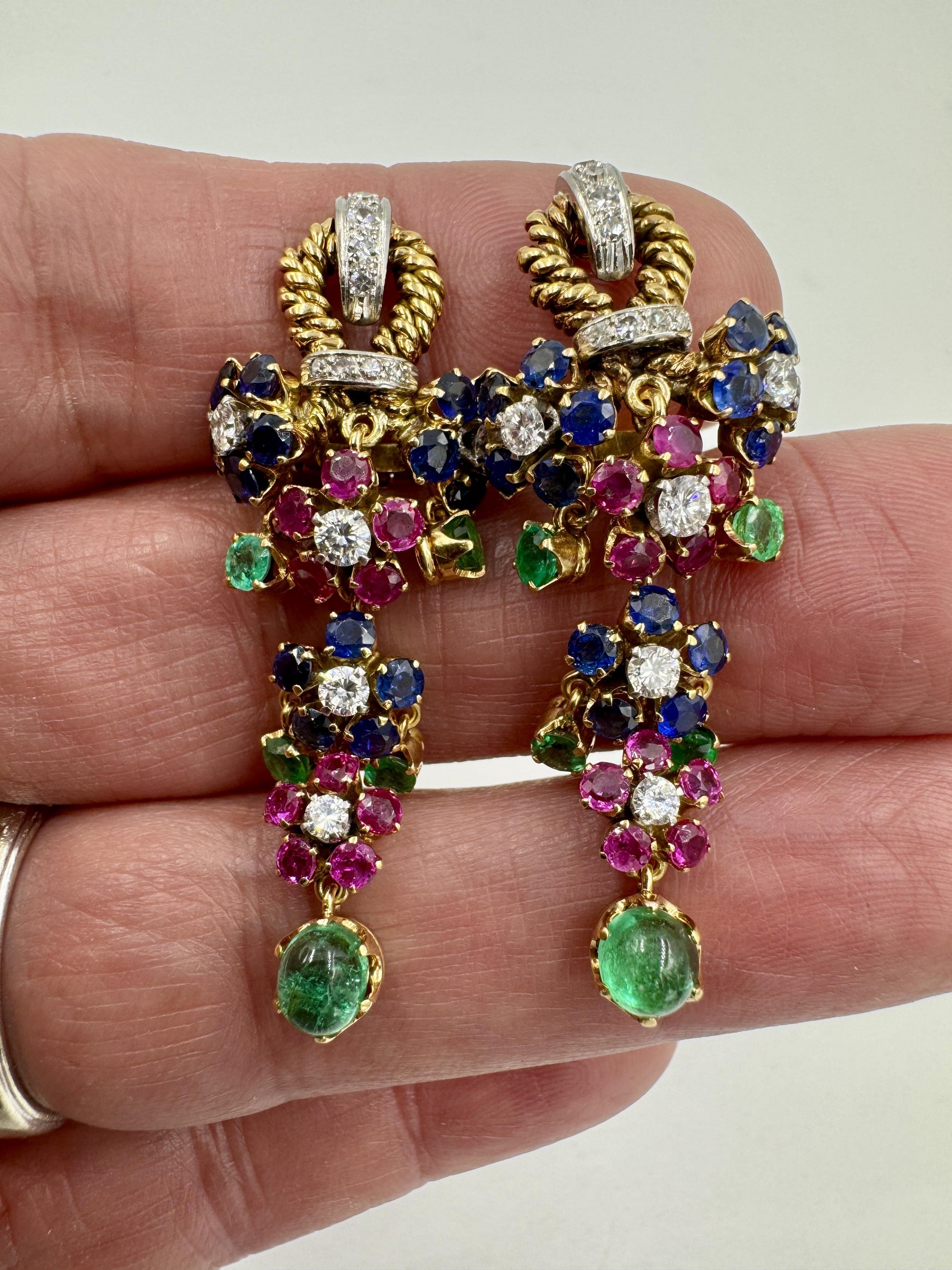 Estate Sapphire Ruby Emerald Diamond Dangle Drop Earrings