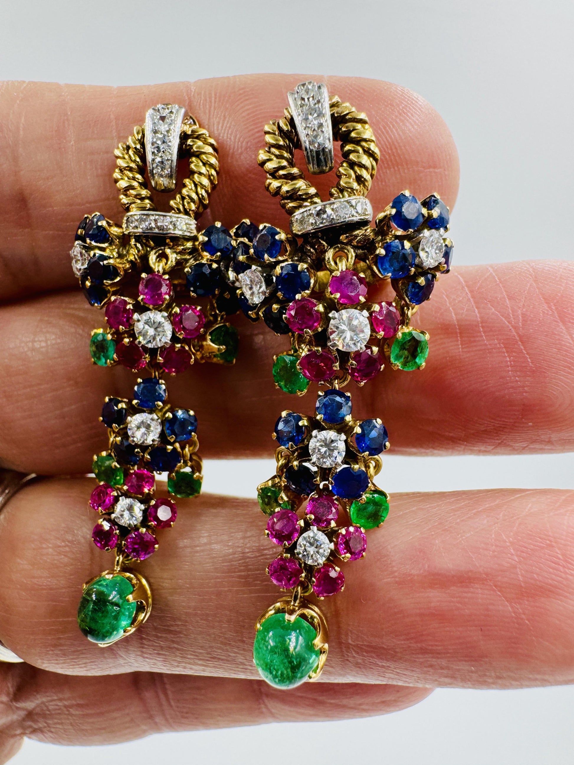 Estate Sapphire Ruby Emerald Diamond Dangle Drop Earrings