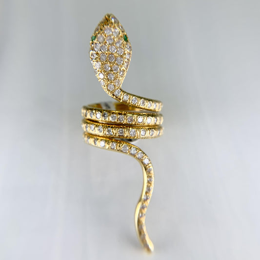 Diamond and Emerald Snake Ring 18k Yellow Gold