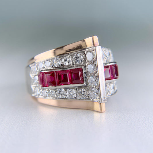1935 Retro Ruby and Transitional Cut Diamond Two Tone Ring 18k/Plat