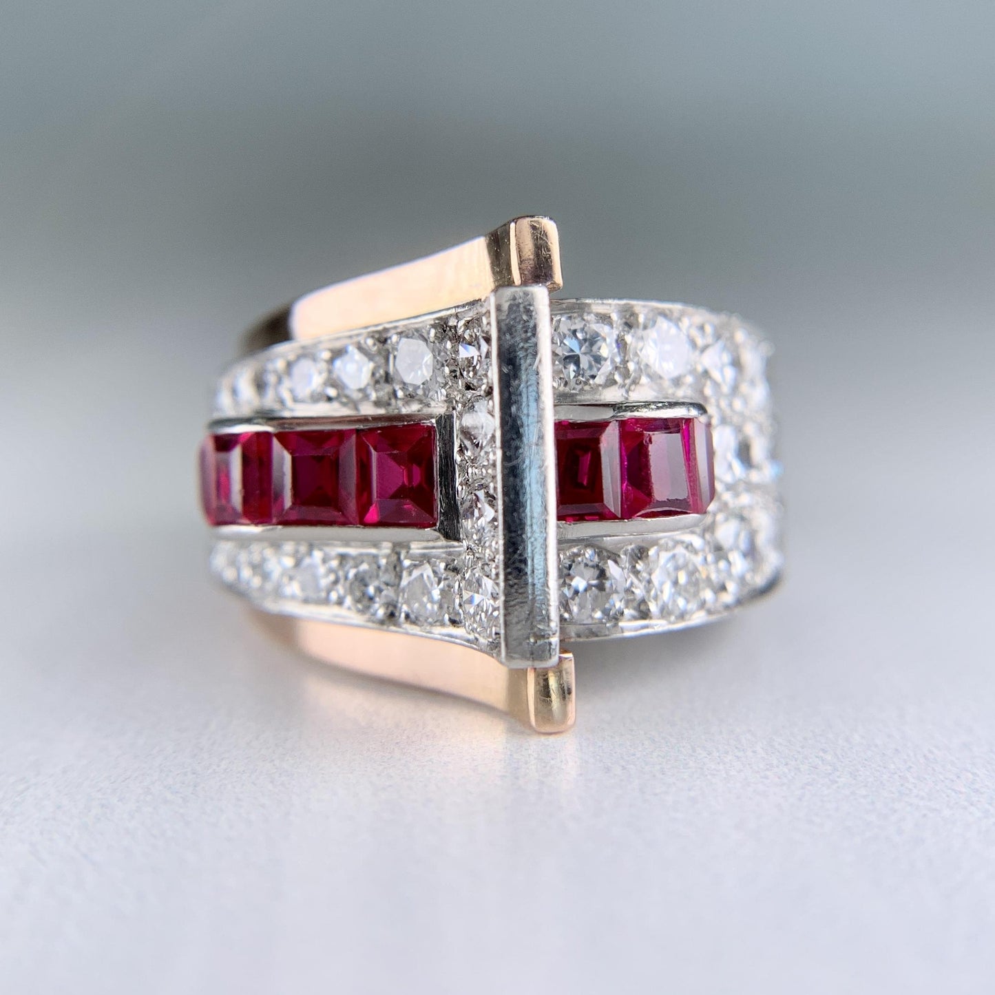 1935 Retro Ruby and Transitional Cut Diamond Two Tone Ring 18k/Plat