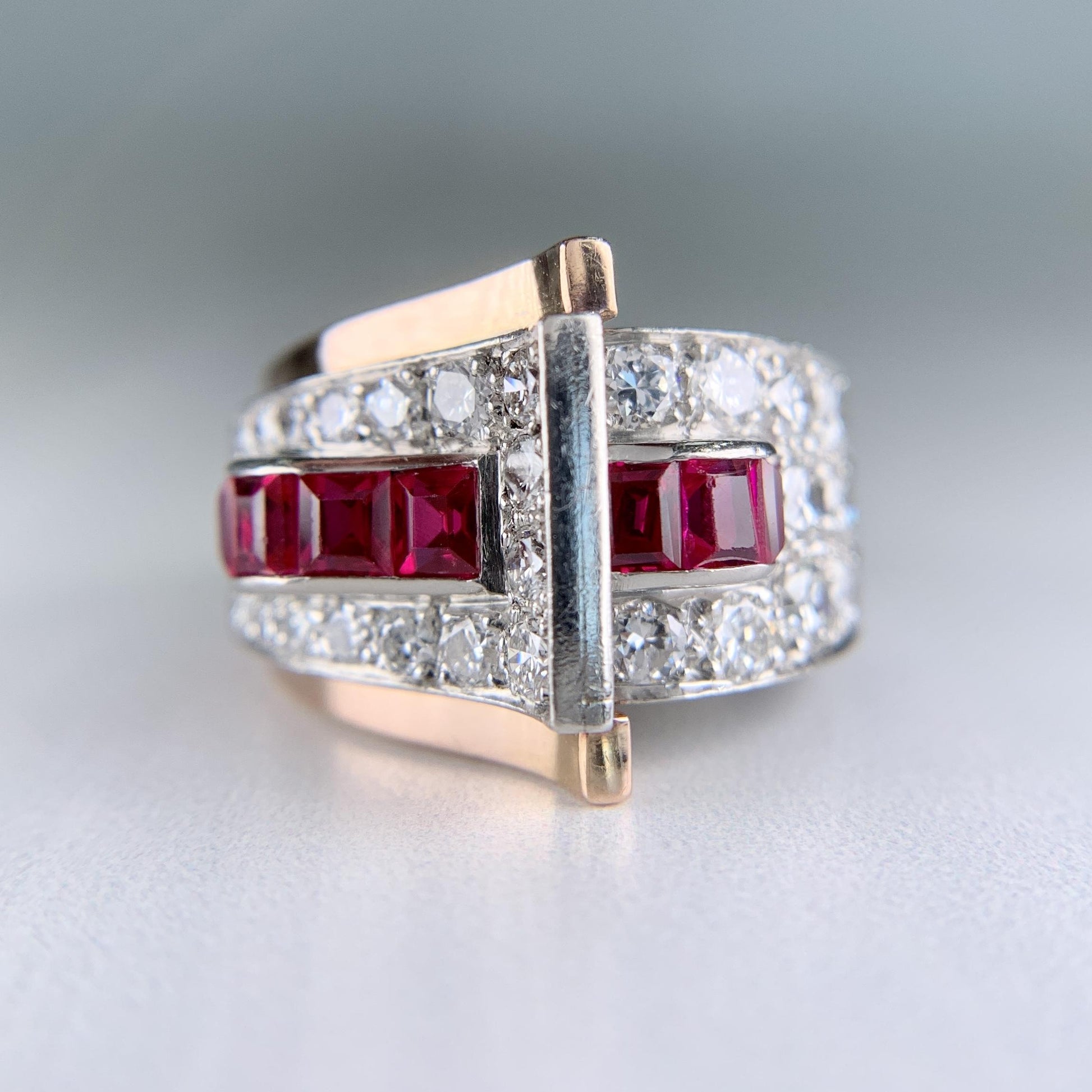 1935 Retro Ruby and Transitional Cut Diamond Two Tone Ring 18k/Plat