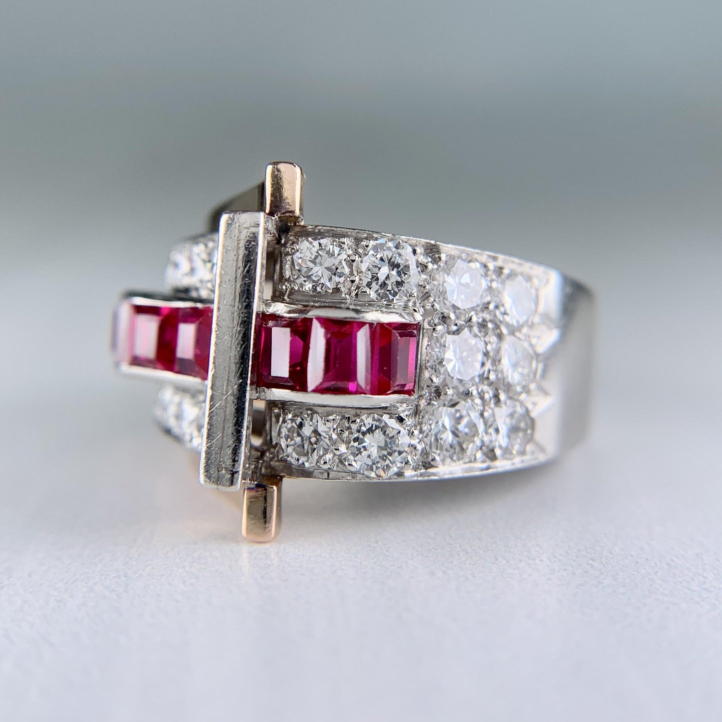 1935 Retro Ruby and Transitional Cut Diamond Two Tone Ring 18k/Plat