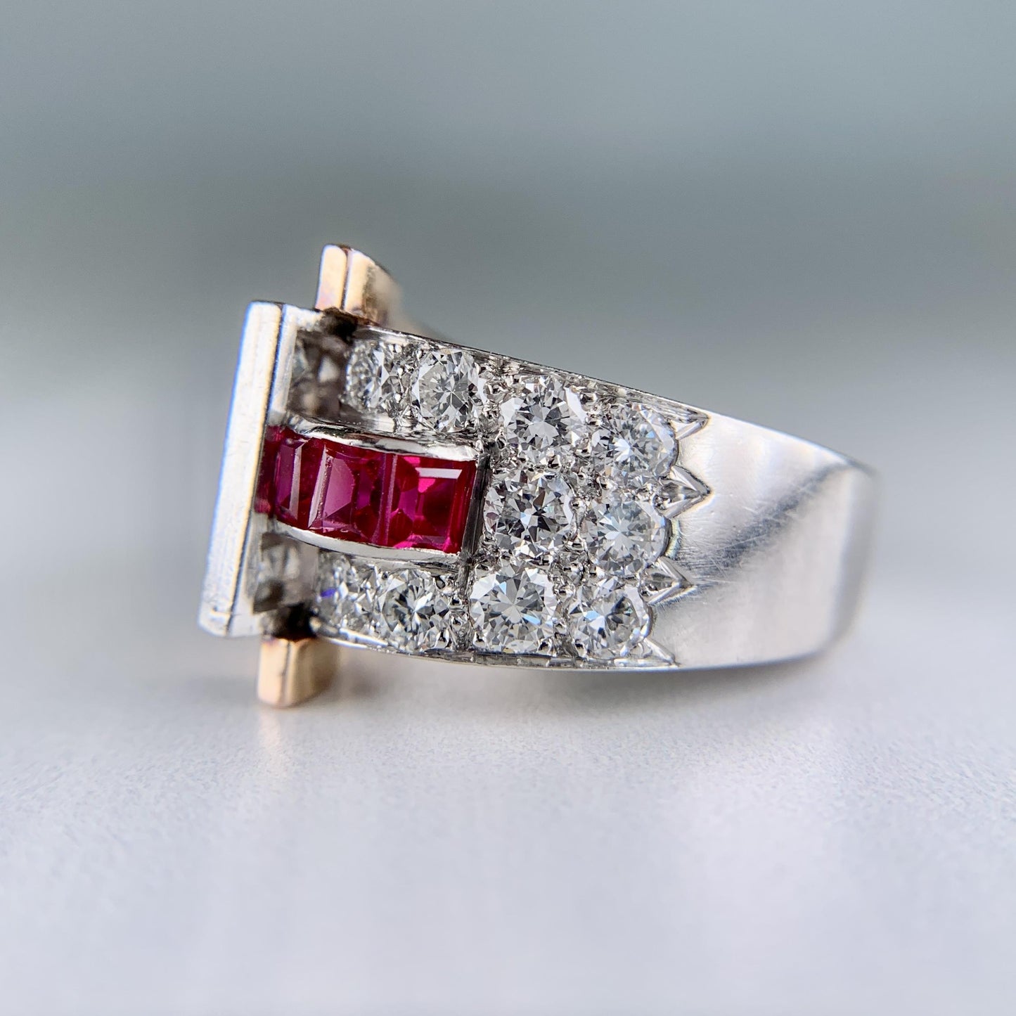 1935 Retro Ruby and Transitional Cut Diamond Two Tone Ring 18k/Plat