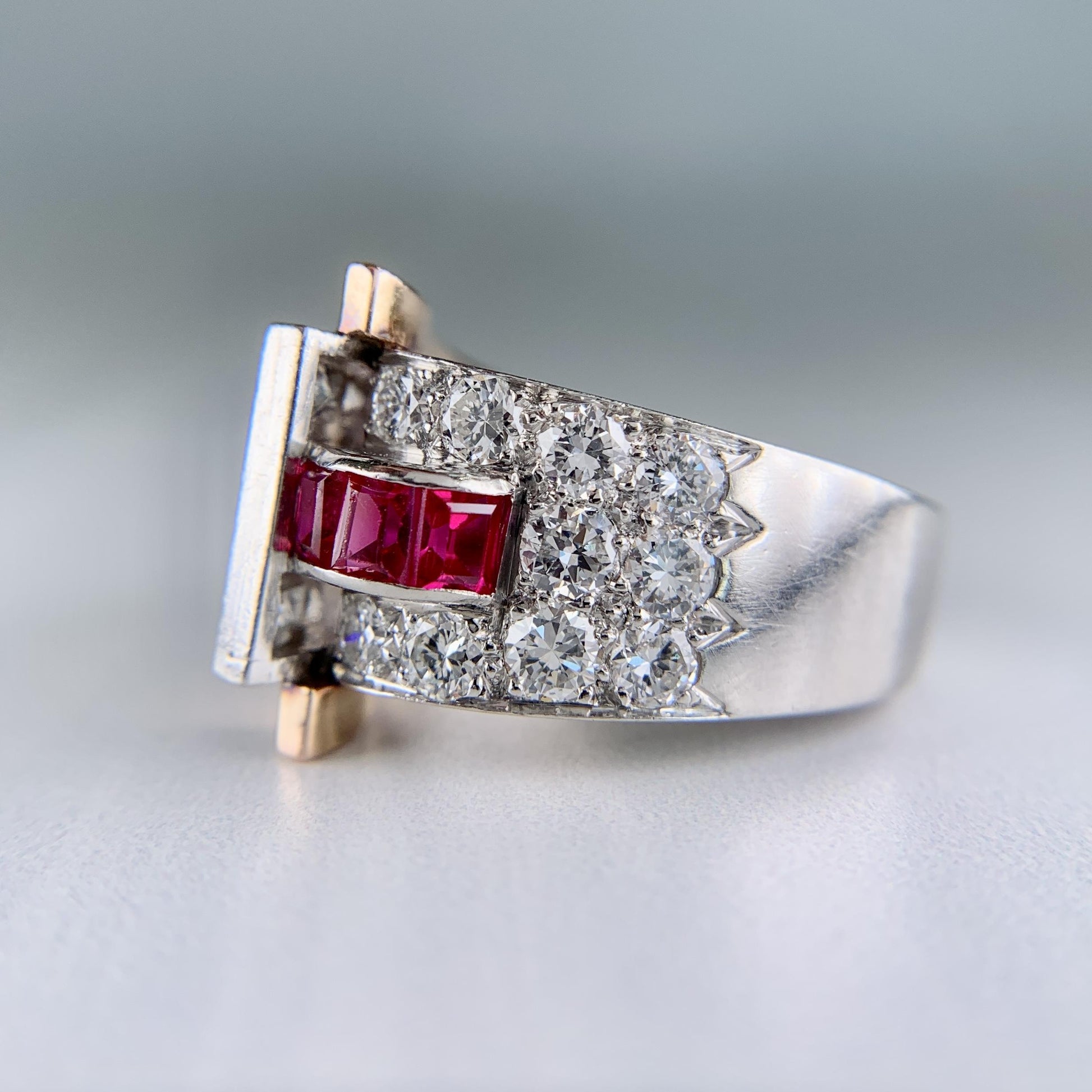 1935 Retro Ruby and Transitional Cut Diamond Two Tone Ring 18k/Plat