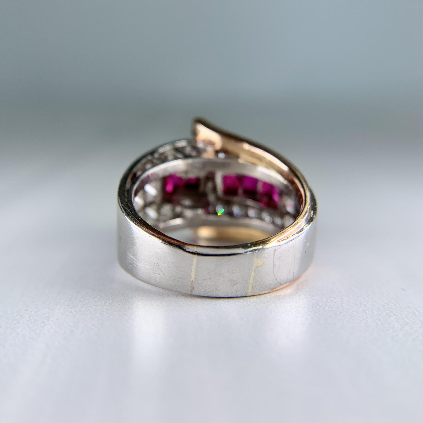 1935 Retro Ruby and Transitional Cut Diamond Two Tone Ring 18k/Plat