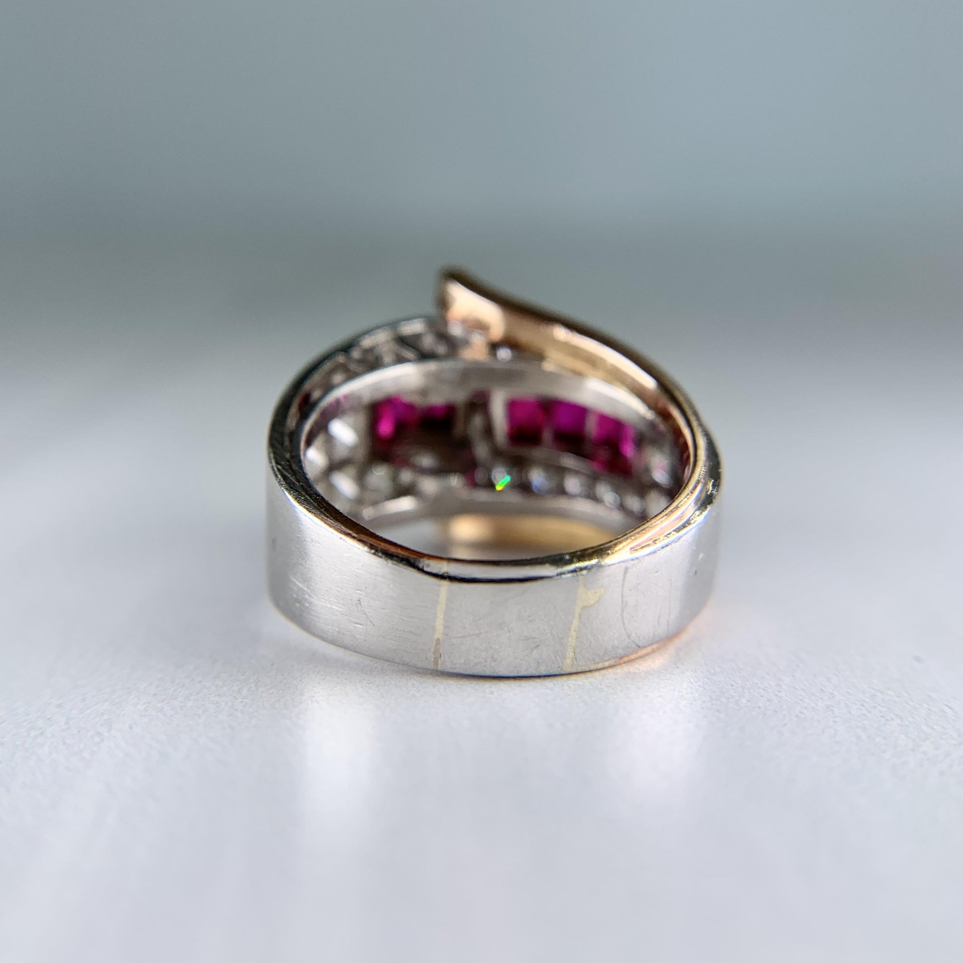 1935 Retro Ruby and Transitional Cut Diamond Two Tone Ring 18k/Plat