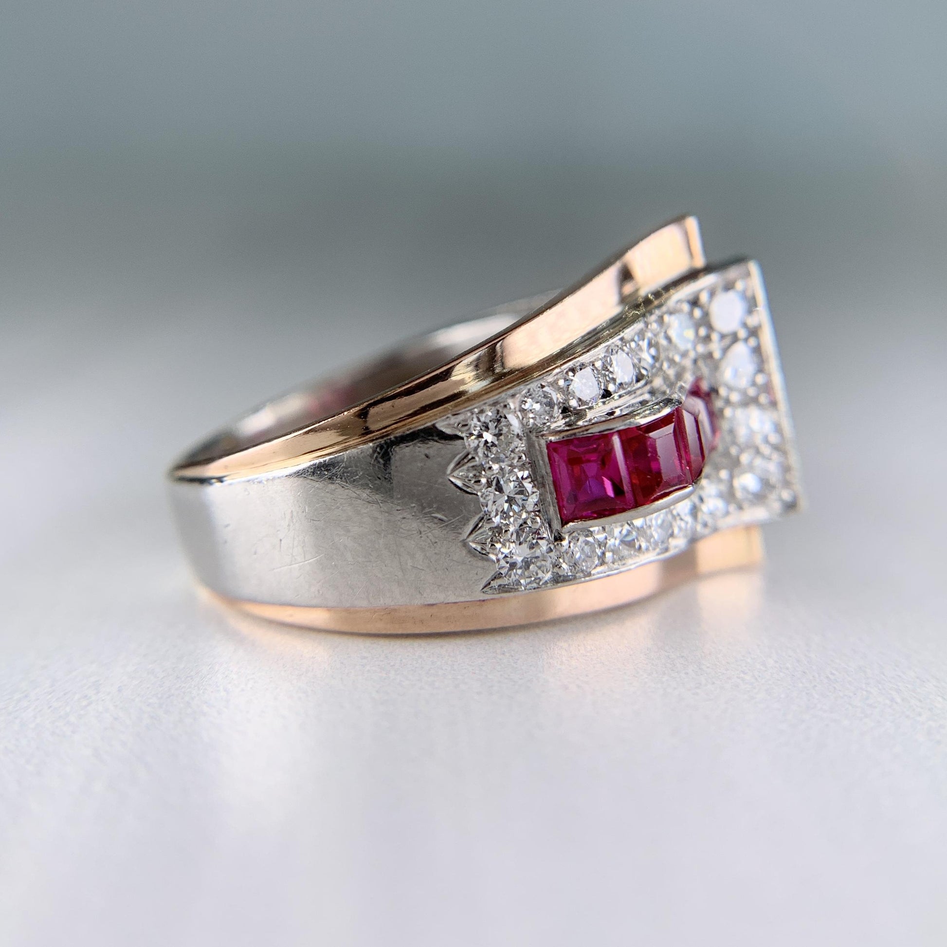 1935 Retro Ruby and Transitional Cut Diamond Two Tone Ring 18k/Plat