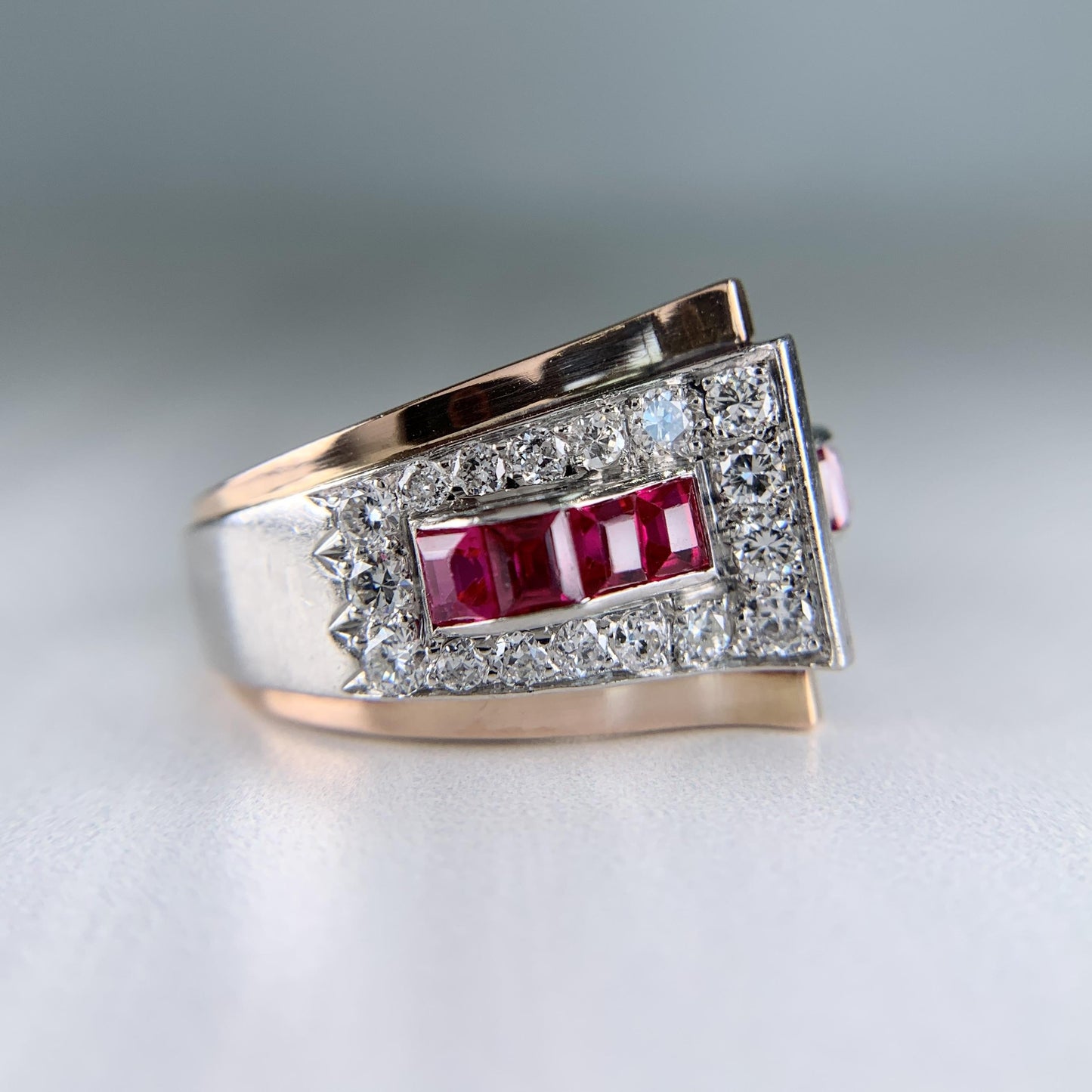 1935 Retro Ruby and Transitional Cut Diamond Two Tone Ring 18k/Plat