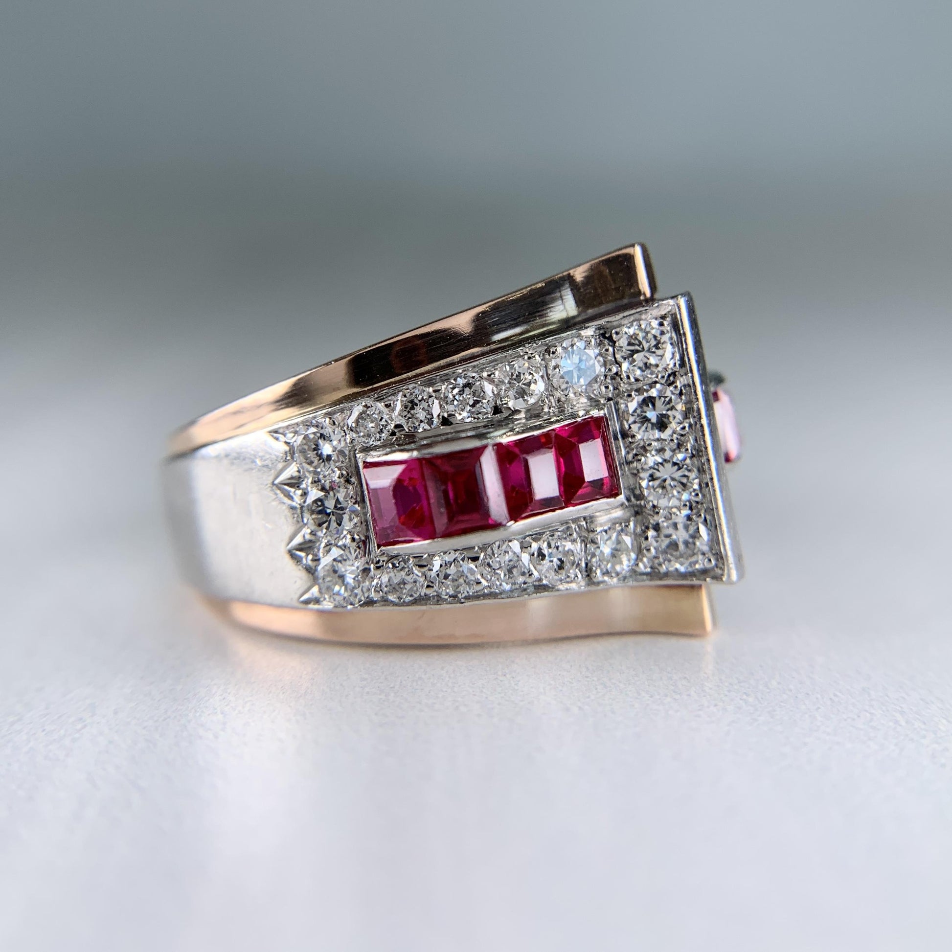 1935 Retro Ruby and Transitional Cut Diamond Two Tone Ring 18k/Plat