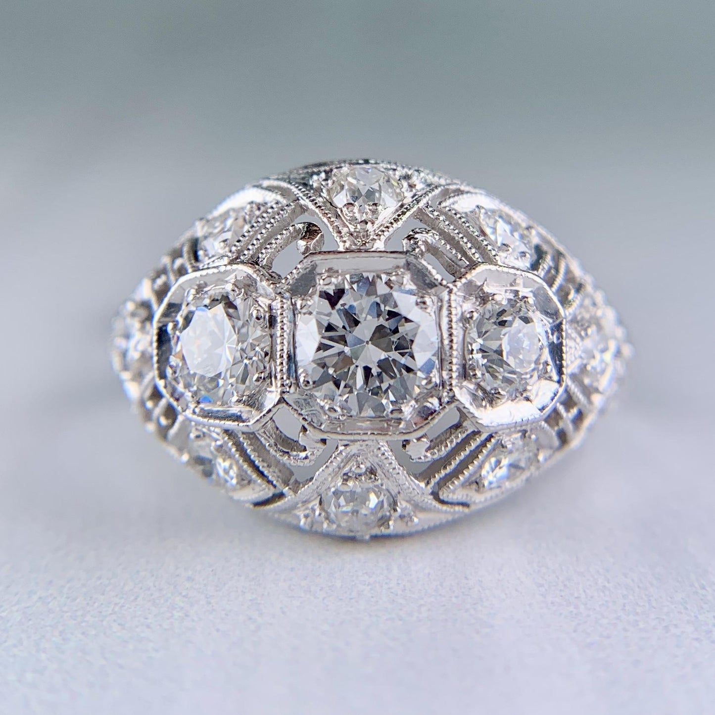 Antique 1925 Art Deco Diamond Bombe Ring Platinum