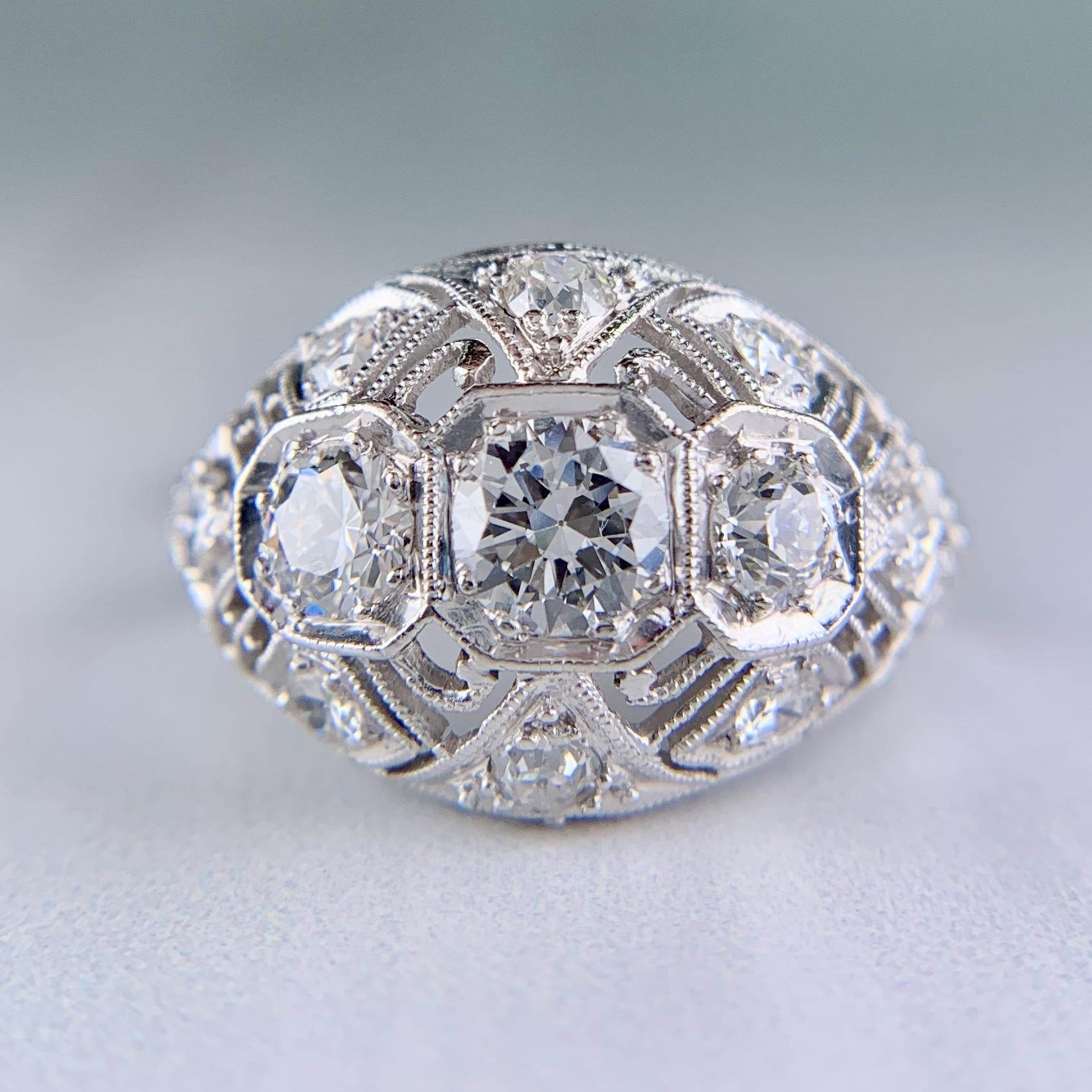 Antique 1925 Art Deco Diamond Bombe Ring Platinum