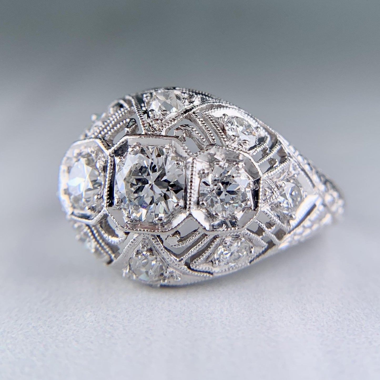 Antique 1925 Art Deco Diamond Bombe Ring Platinum