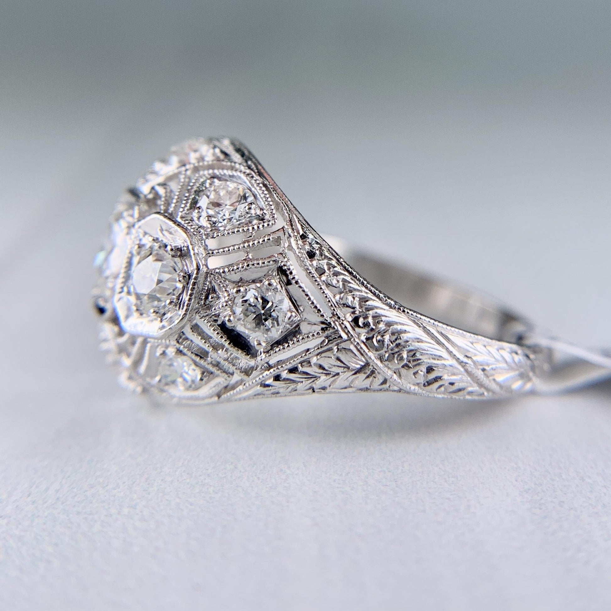 Antique 1925 Art Deco Diamond Bombe Ring Platinum