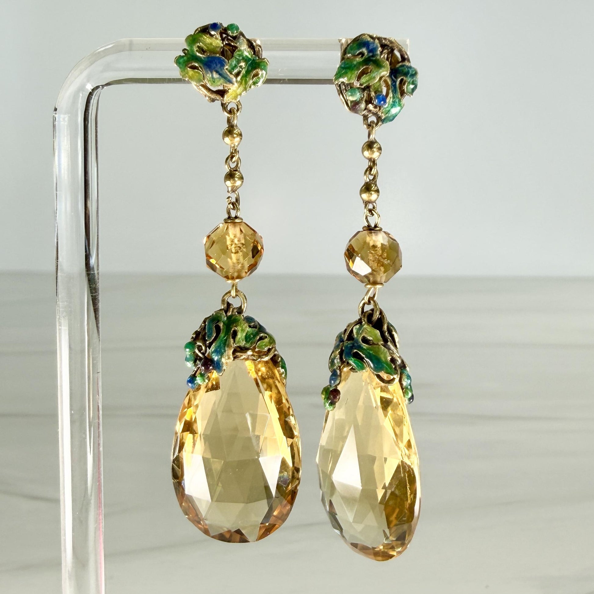 1940's Pear Cut Citrine Briolette and Enamel Drop Earrings 18k/14k Yellow Gold