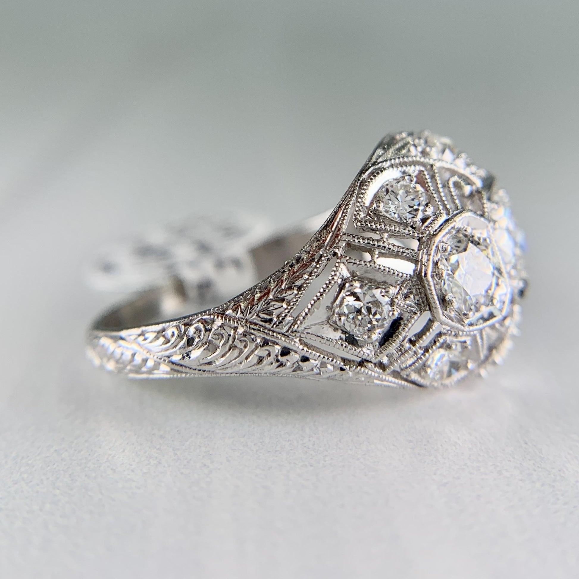 Antique 1925 Art Deco Diamond Bombe Ring Platinum