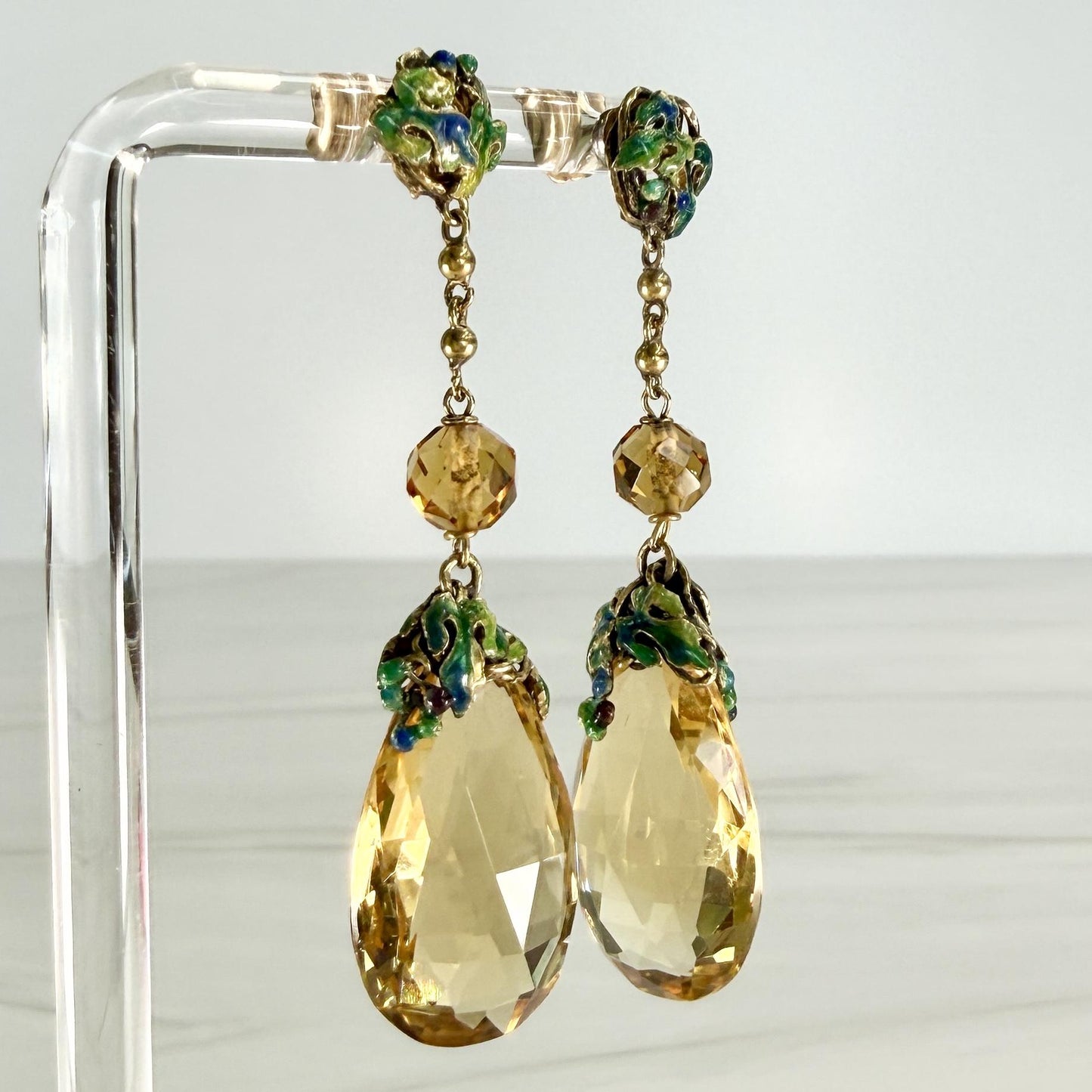 1940's Pear Cut Citrine Briolette and Enamel Drop Earrings 18k/14k Yellow Gold