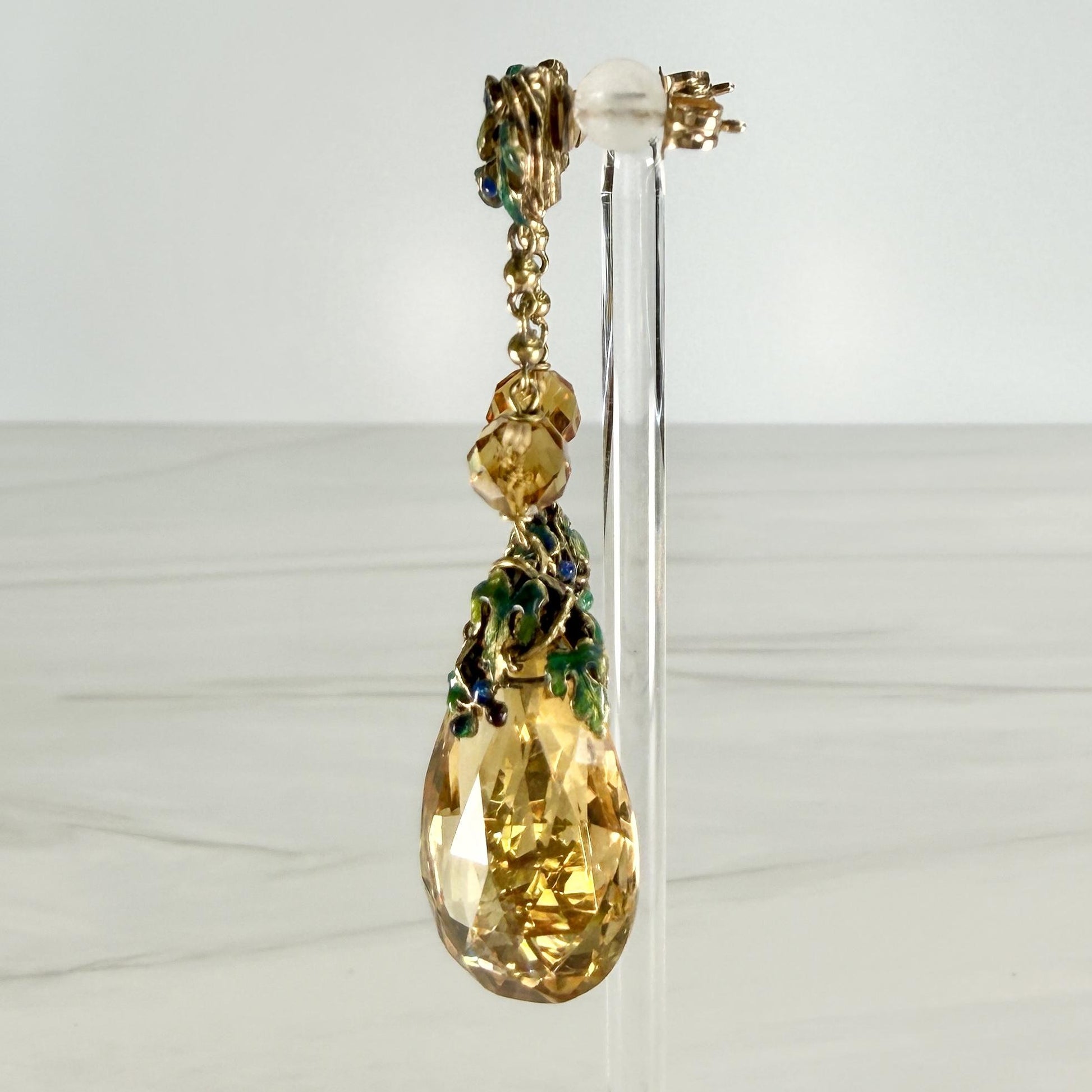 1940's Pear Cut Citrine Briolette and Enamel Drop Earrings 18k/14k Yellow Gold