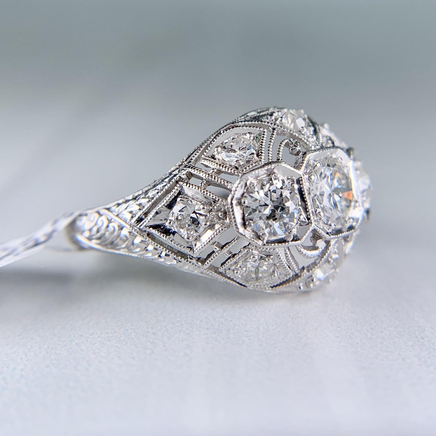 Antique 1925 Art Deco Diamond Bombe Ring Platinum