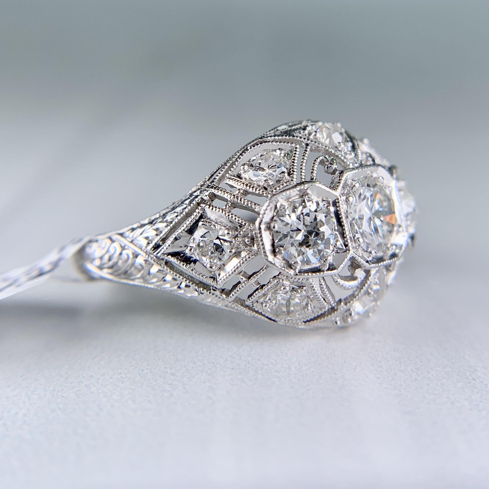Antique 1925 Art Deco Diamond Bombe Ring Platinum